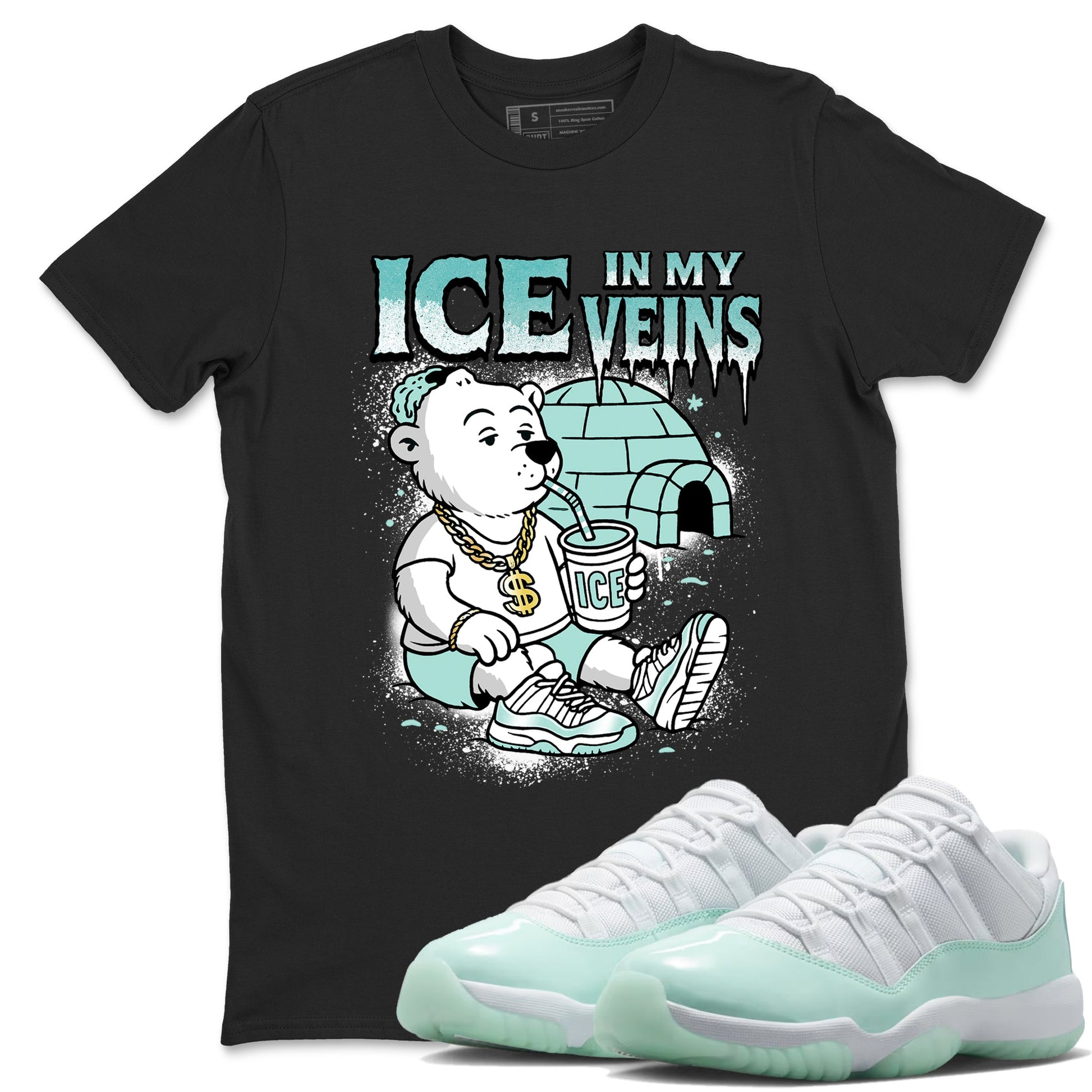 Ice In My Veins sneaker match t-shirt styled to complete your fit with the Air Jordan 11 Igloo sneakers, shown in Black 1.