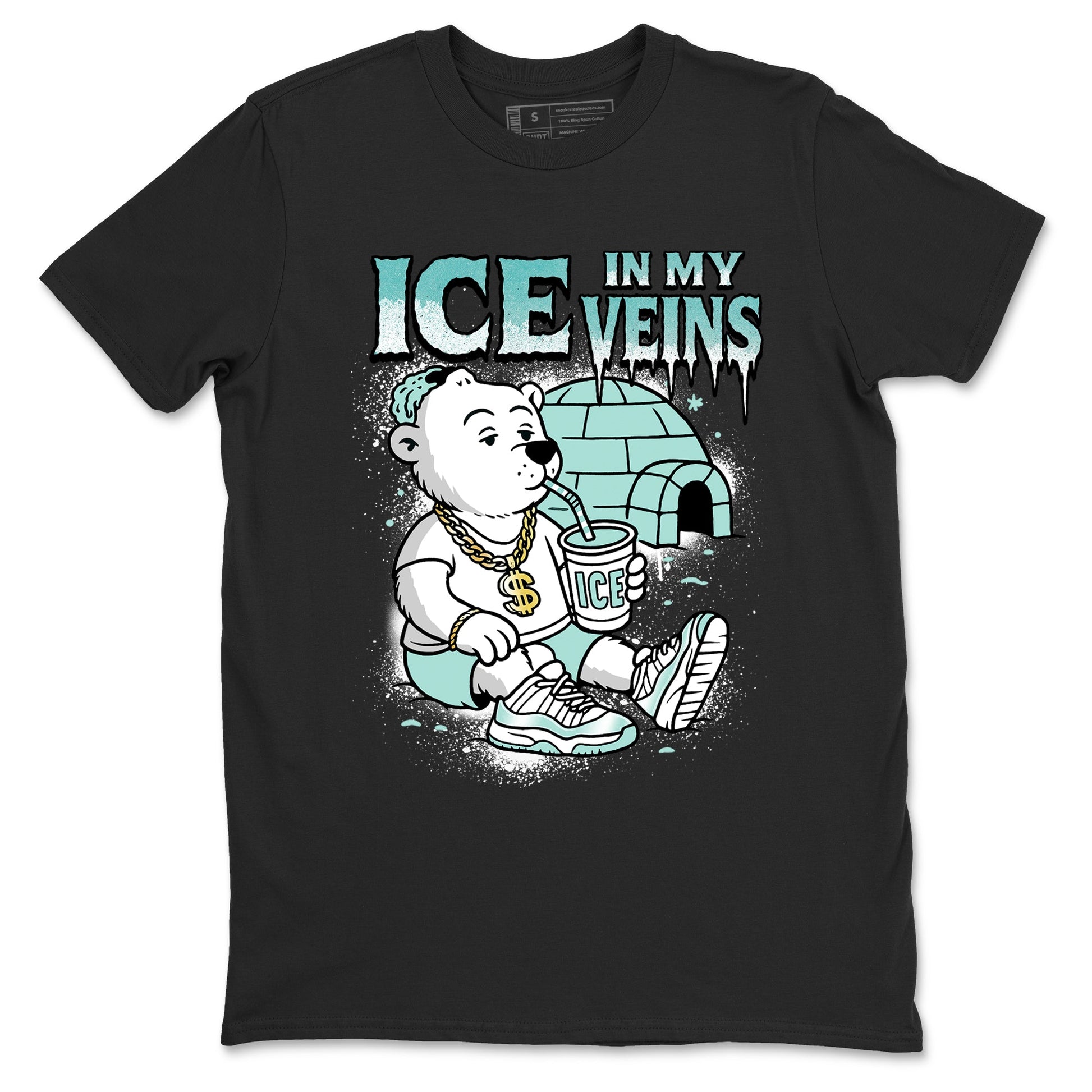 Ice In My Veins sneaker match t-shirt styled to complete your fit with the Air Jordan 11 Igloo sneakers, shown in Black 2.