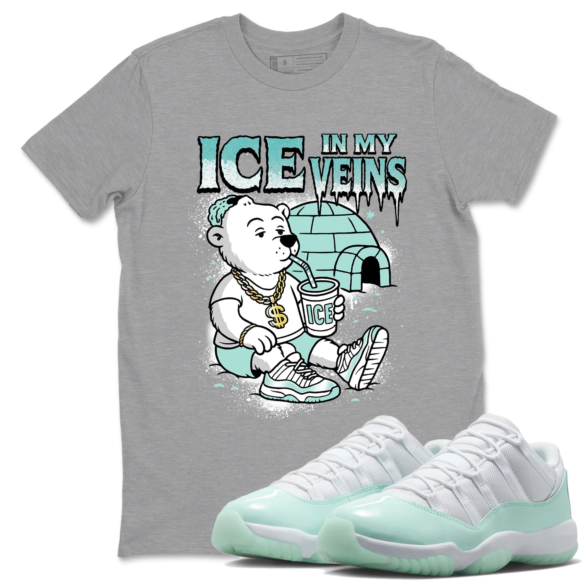 Ice In My Veins sneaker match t-shirt styled to complete your fit with the Air Jordan 11 Igloo sneakers, shown in Heather Grey 1.