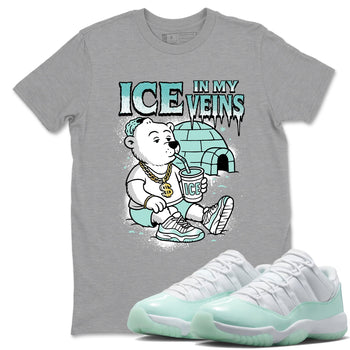 Ice In My Veins sneaker match t-shirt styled to complete your fit with the Air Jordan 11 Igloo sneakers, shown in Heather Grey 1.