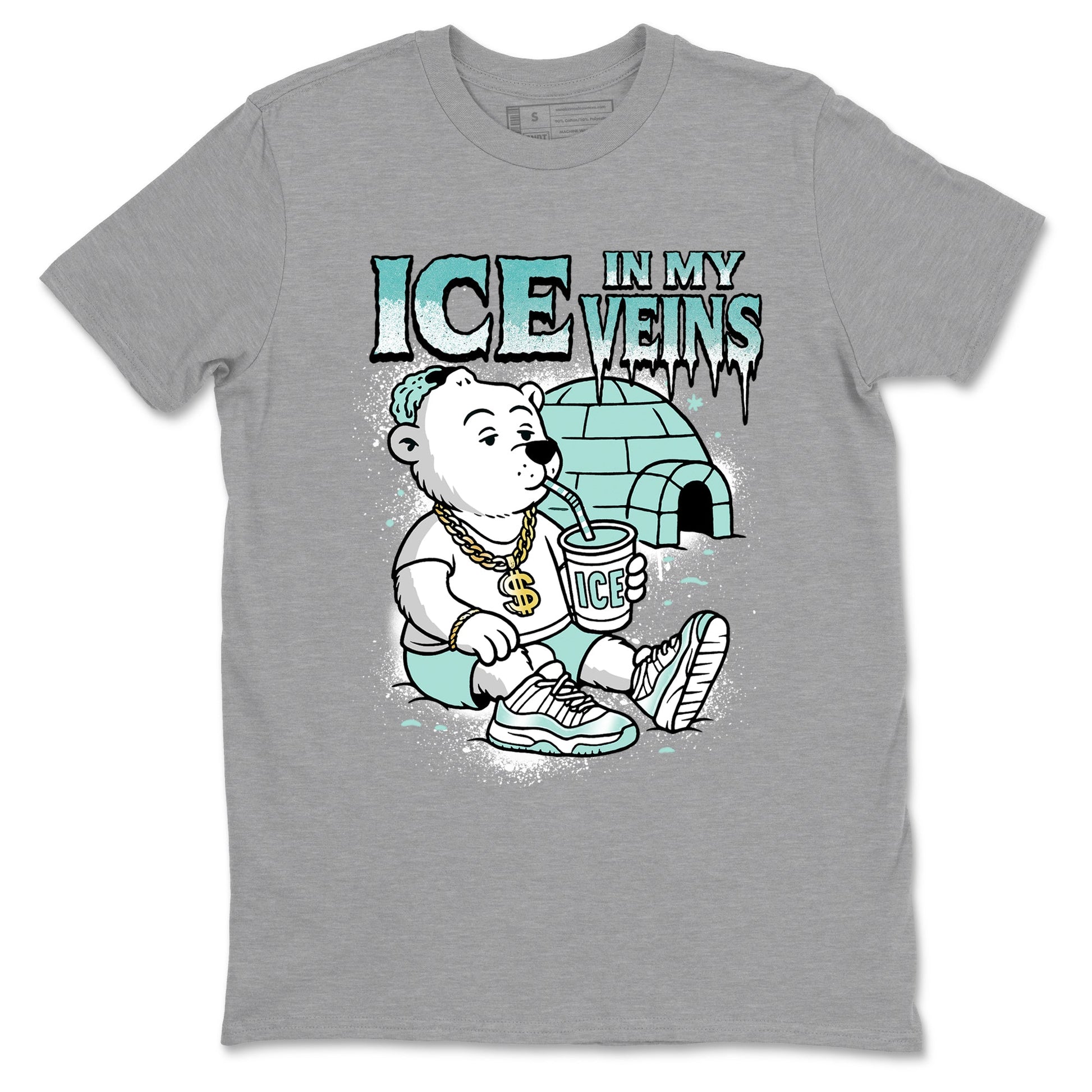 Ice In My Veins sneaker match t-shirt styled to complete your fit with the Air Jordan 11 Igloo sneakers, shown in Heather Grey 2.