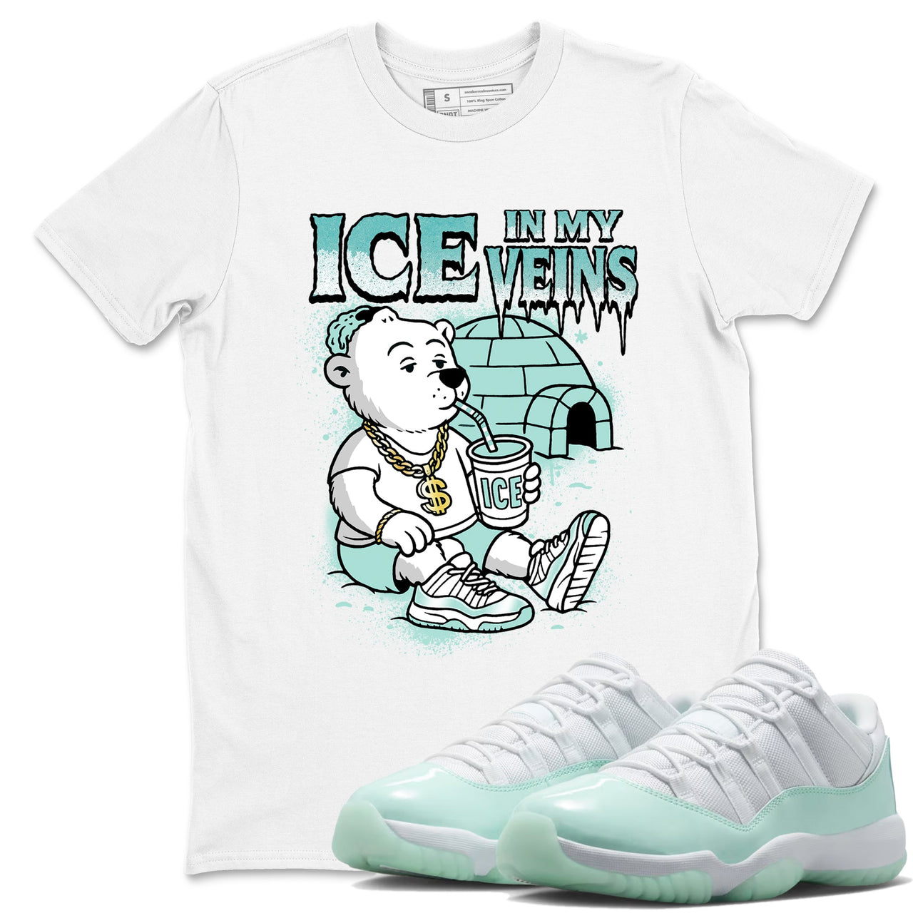 Ice In My Veins sneaker match t-shirt styled to complete your fit with the Air Jordan 11 Igloo sneakers, shown in White 1.