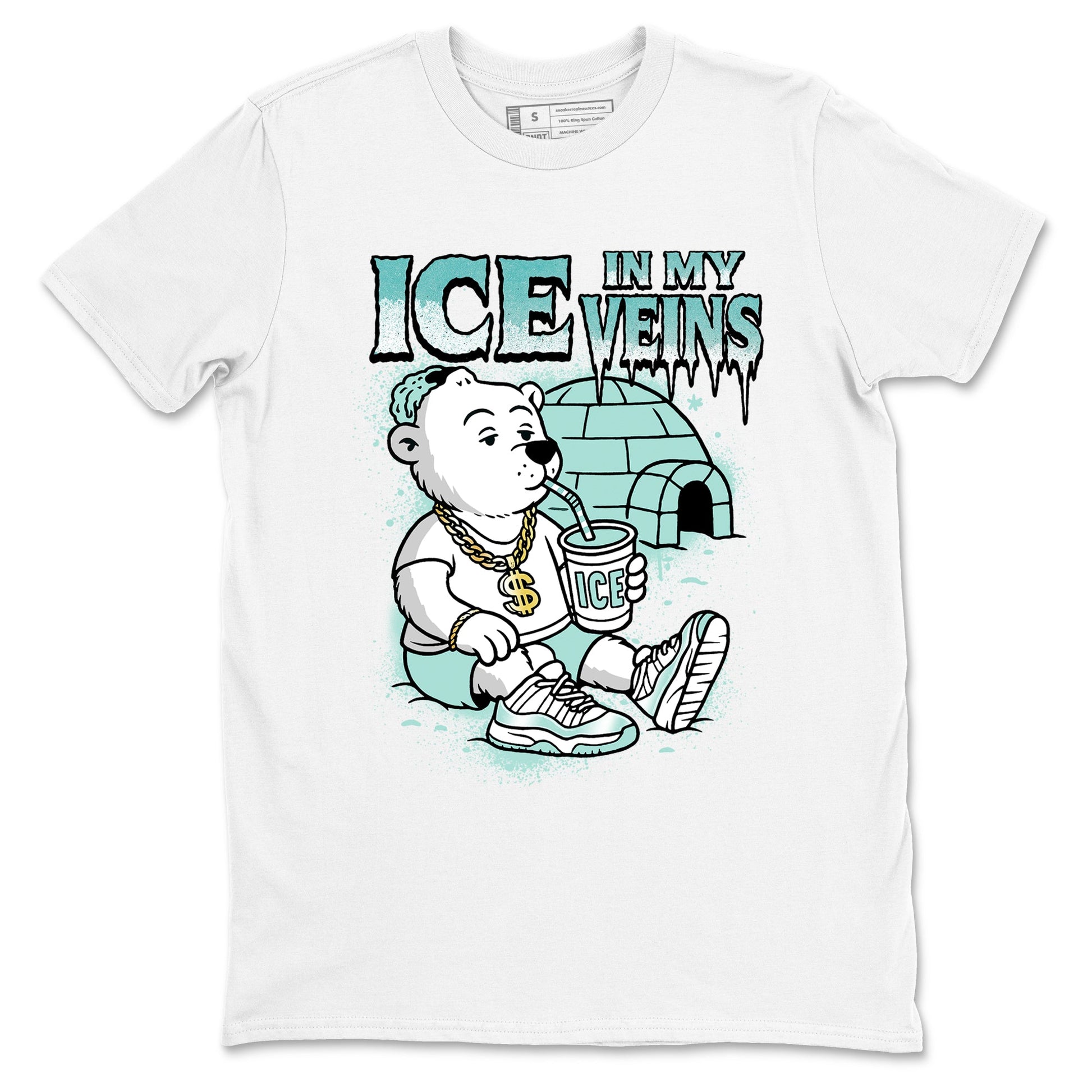 Ice In My Veins sneaker match t-shirt styled to complete your fit with the Air Jordan 11 Igloo sneakers, shown in White 2.