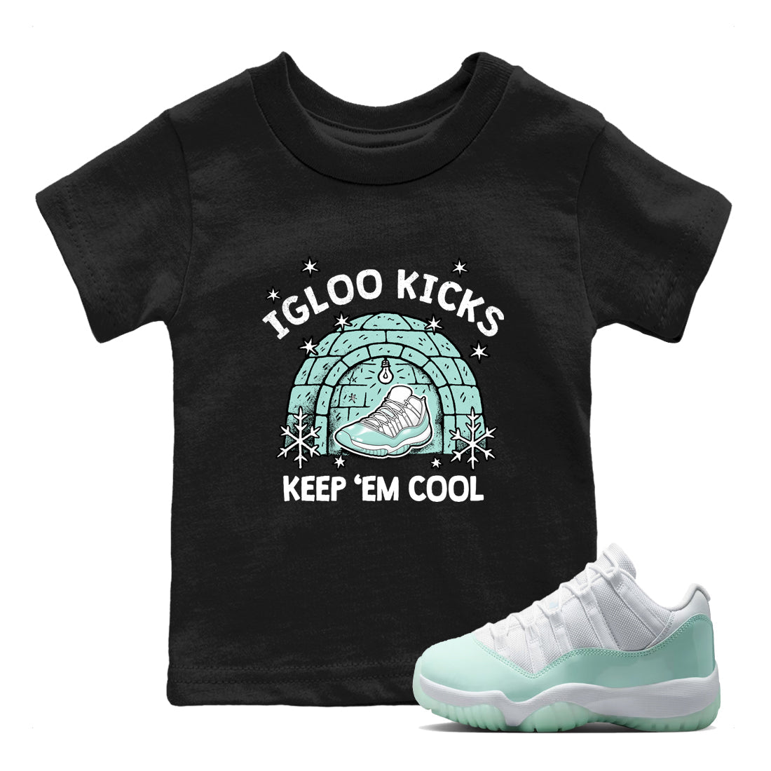 Igloo Kicks baby and kids t-shirt crafted for little sneakerheads to shine with the Air Jordan 11 Igloo sneakers, displayed in Black 1.