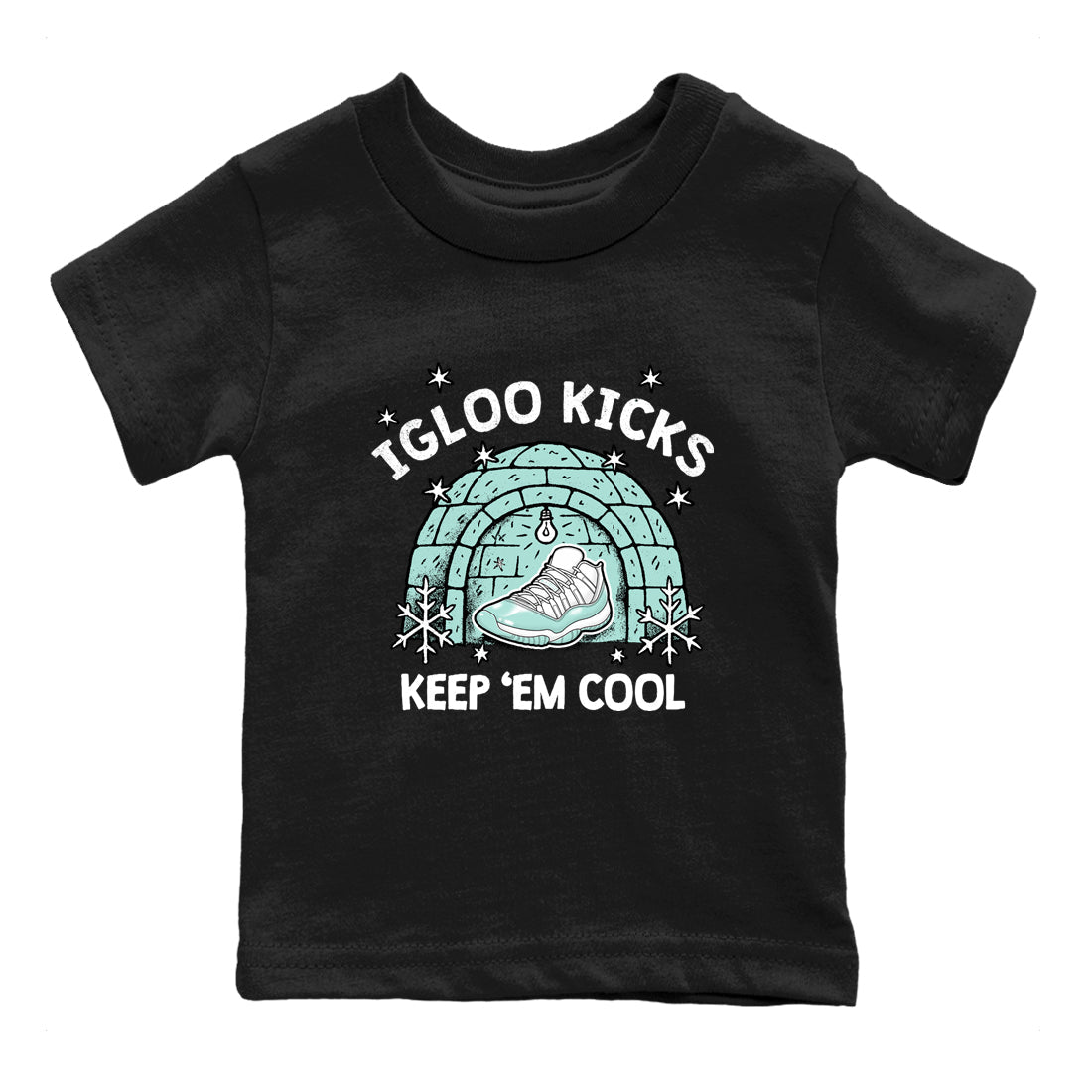 Igloo Kicks baby and kids t-shirt crafted for little sneakerheads to shine with the Air Jordan 11 Igloo sneakers, displayed in Black 2.