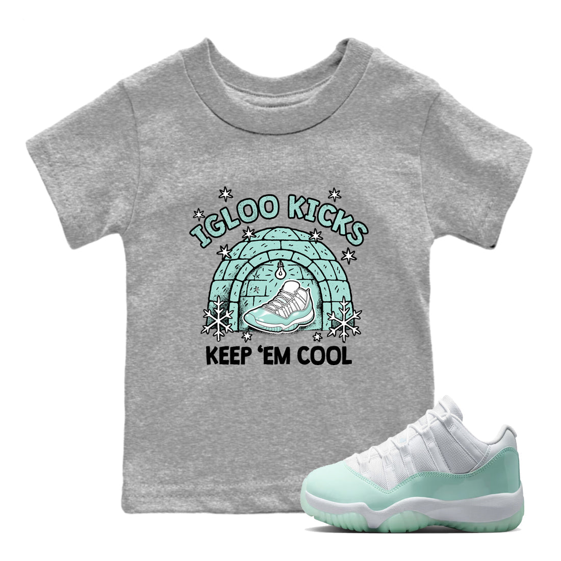 Igloo Kicks baby and kids t-shirt crafted for little sneakerheads to shine with the Air Jordan 11 Igloo sneakers, displayed in Heather Grey 1.