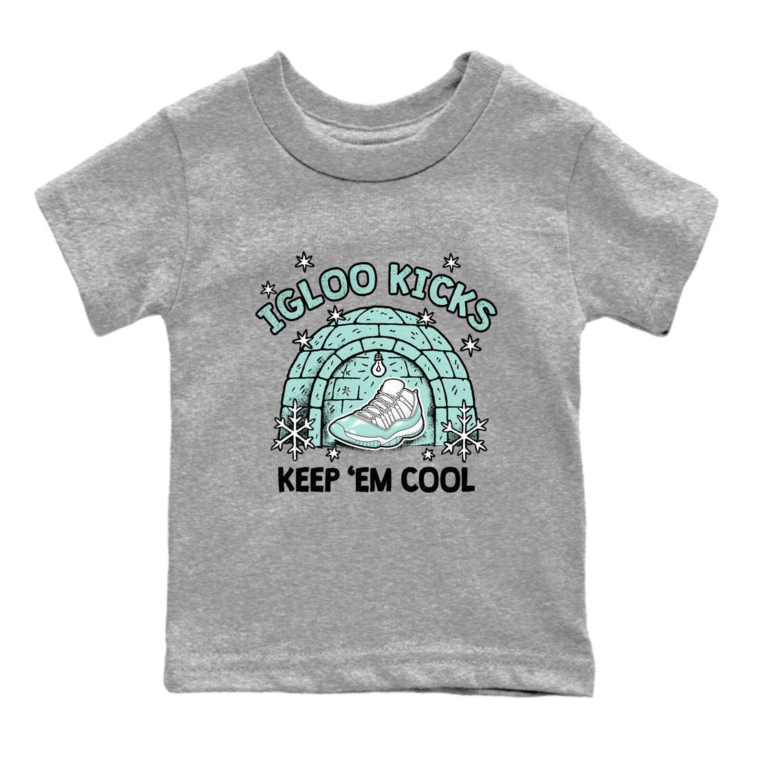 Igloo Kicks baby and kids t-shirt crafted for little sneakerheads to shine with the Air Jordan 11 Igloo sneakers, displayed in Heather Grey 2.