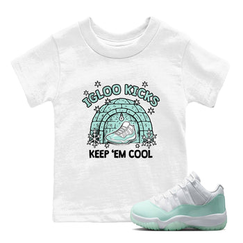 Igloo Kicks baby and kids t-shirt crafted for little sneakerheads to shine with the Air Jordan 11 Igloo sneakers, displayed in White 1.