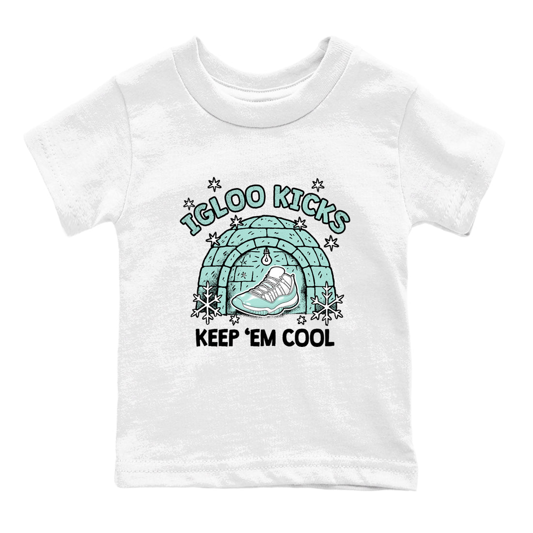 Igloo Kicks baby and kids t-shirt crafted for little sneakerheads to shine with the Air Jordan 11 Igloo sneakers, displayed in White 2.