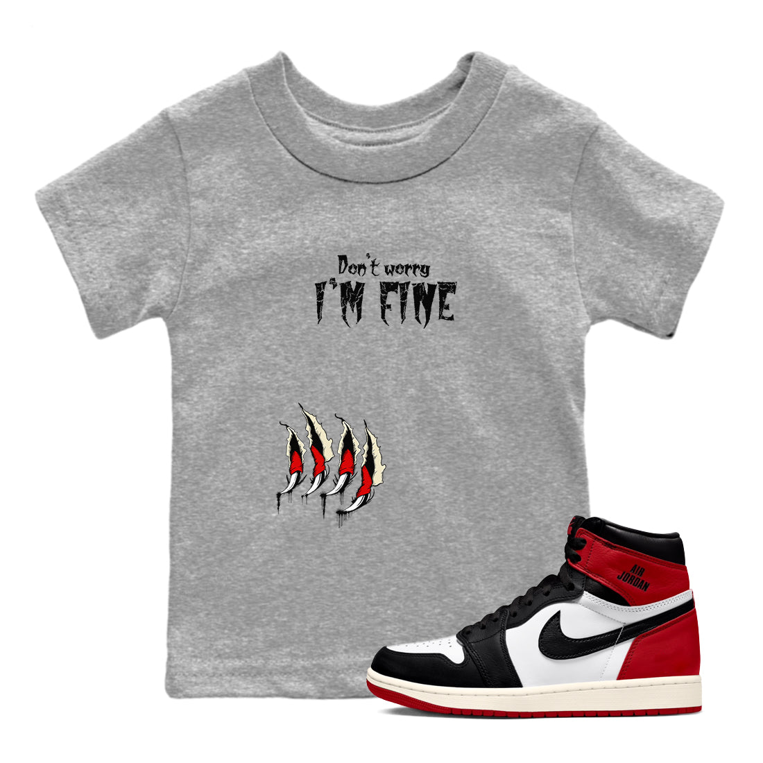 1s Black Toe Reimagined shirts to match jordans I'm Fine unique Halloween sneaker tee Air Jordan 1 Black Toe Reimagined SNRT Sneaker Release Tees Youth Baby Heather Grey 1 crew neck shirts