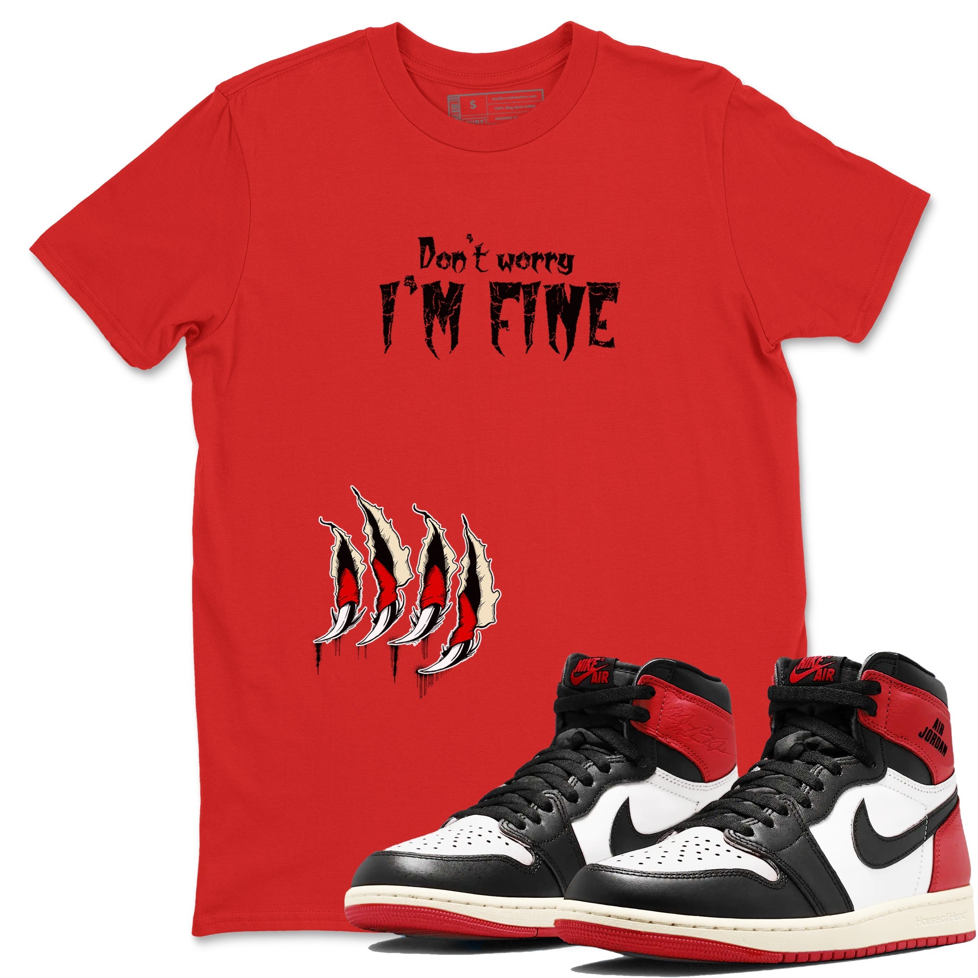 1s Black Toe Reimagined shirts to match jordans I'm Fine unique Halloween sneaker tee Air Jordan 1 Black Toe Reimagined SNRT Sneaker Release Tees unisex cotton Red 1 crew neck shirts