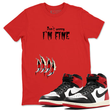 1s Black Toe Reimagined shirts to match jordans I'm Fine unique Halloween sneaker tee Air Jordan 1 Black Toe Reimagined SNRT Sneaker Release Tees unisex cotton Red 1 crew neck shirts