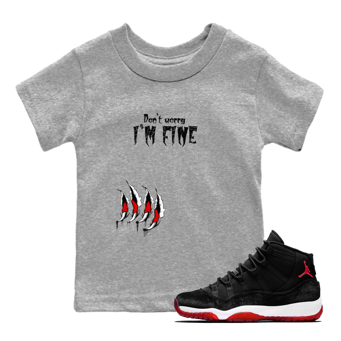 11s Bred Velvet shirts to match jordans I'm Fine unique Halloween sneaker tee Air Jordan 11 Bred Velvet SNRT Sneaker Release Tees Youth Baby Heather Grey 1 crew neck shirts