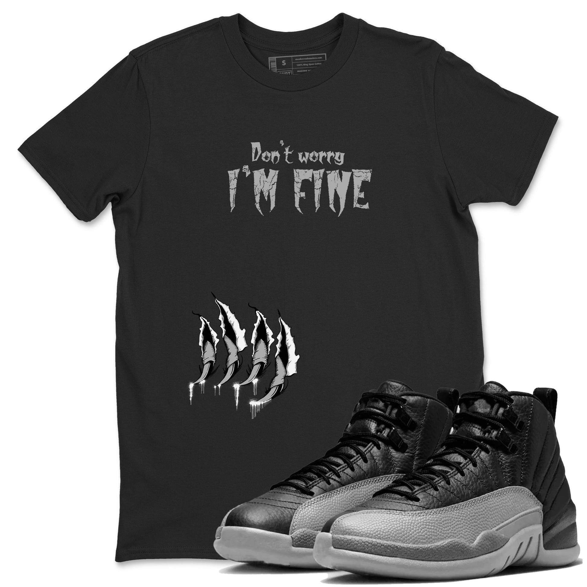 12s Black Wolf Grey shirts to match jordans I'm Fine unique Halloween sneaker tee 12s Baron SNRT Sneaker Release Tees unisex cotton Black 1 crew neck shirts