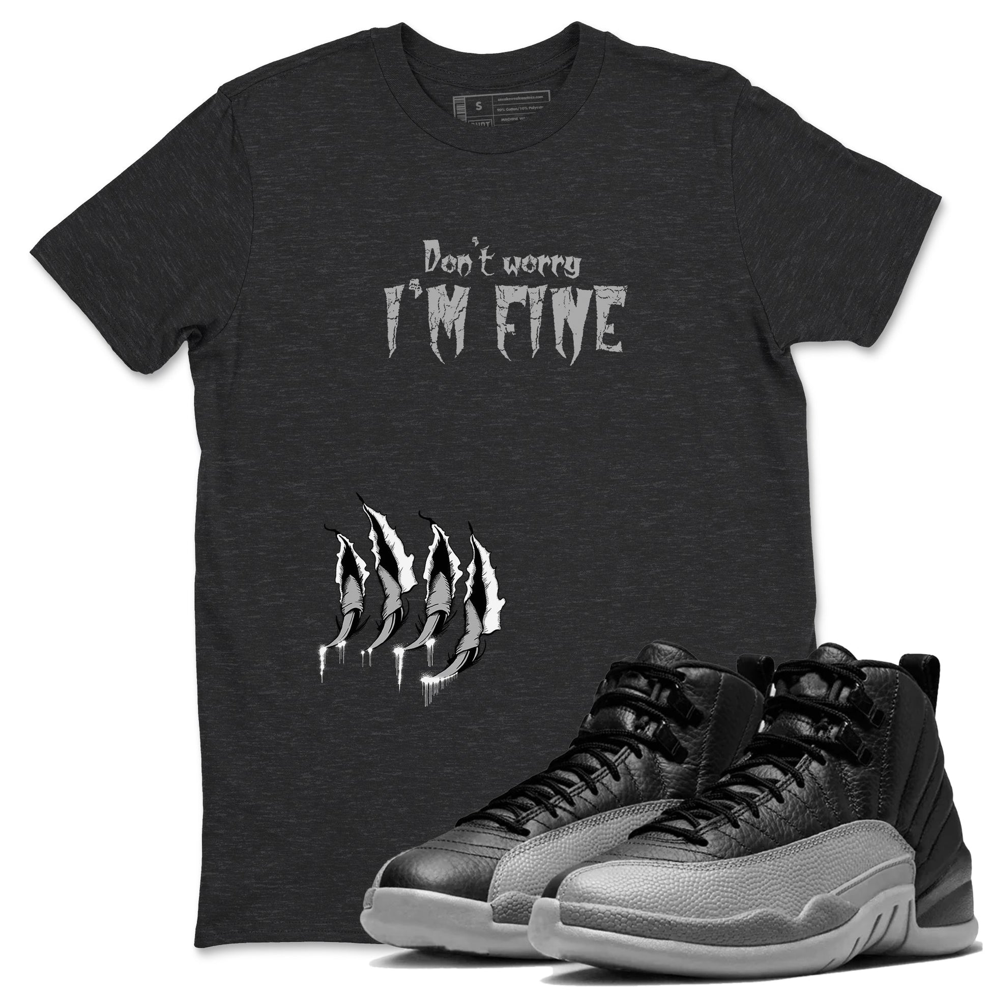 12s Black Wolf Grey shirts to match jordans I'm Fine unique Halloween sneaker tee 12s Baron SNRT Sneaker Release Tees unisex cotton Charcoal Heather 1 crew neck shirts