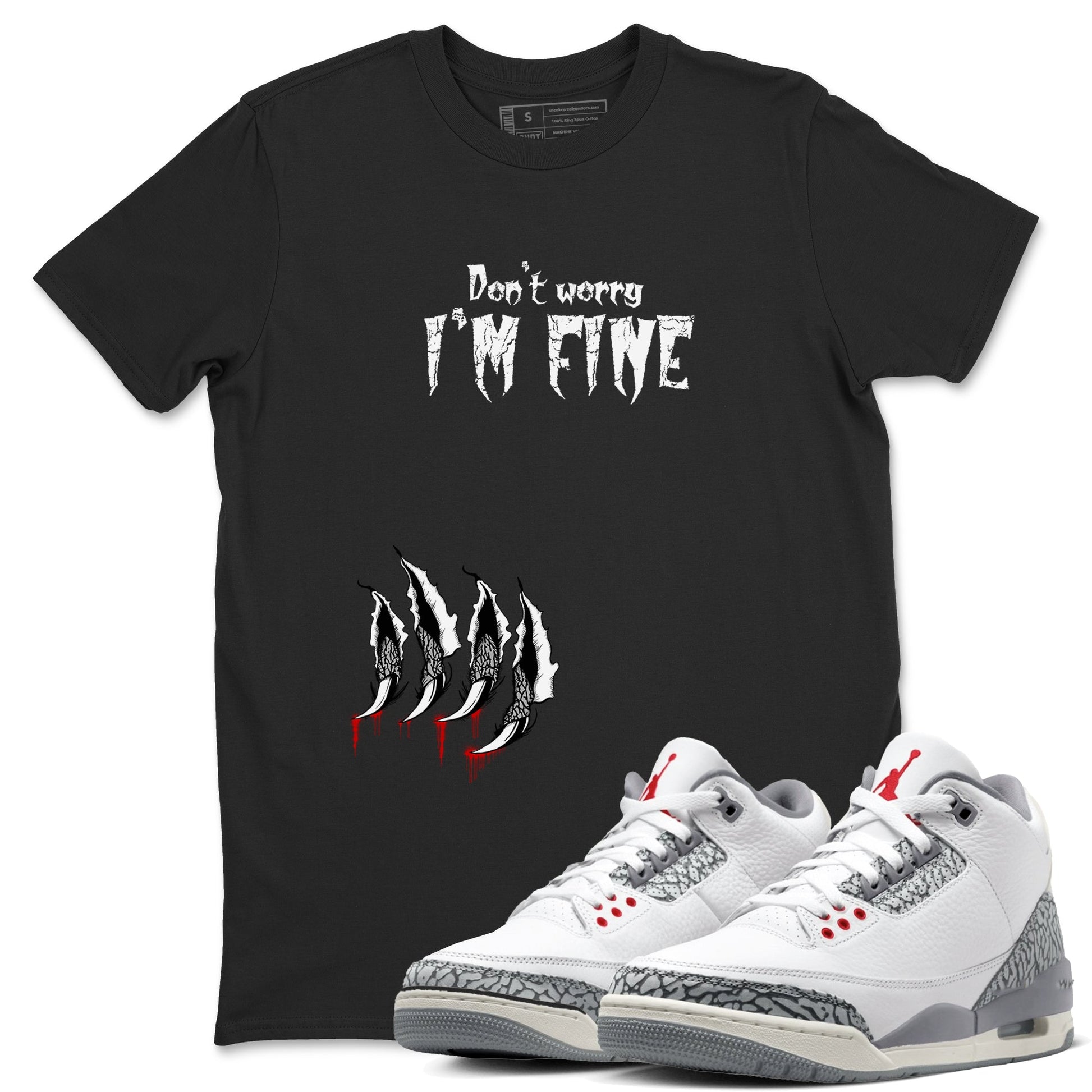 3s Cement Grey shirts to match jordans I'm Fine unique Halloween sneaker tee Air Jordan 3 Cement Grey SNRT Sneaker Release Tees unisex cotton Black 1 crew neck shirts