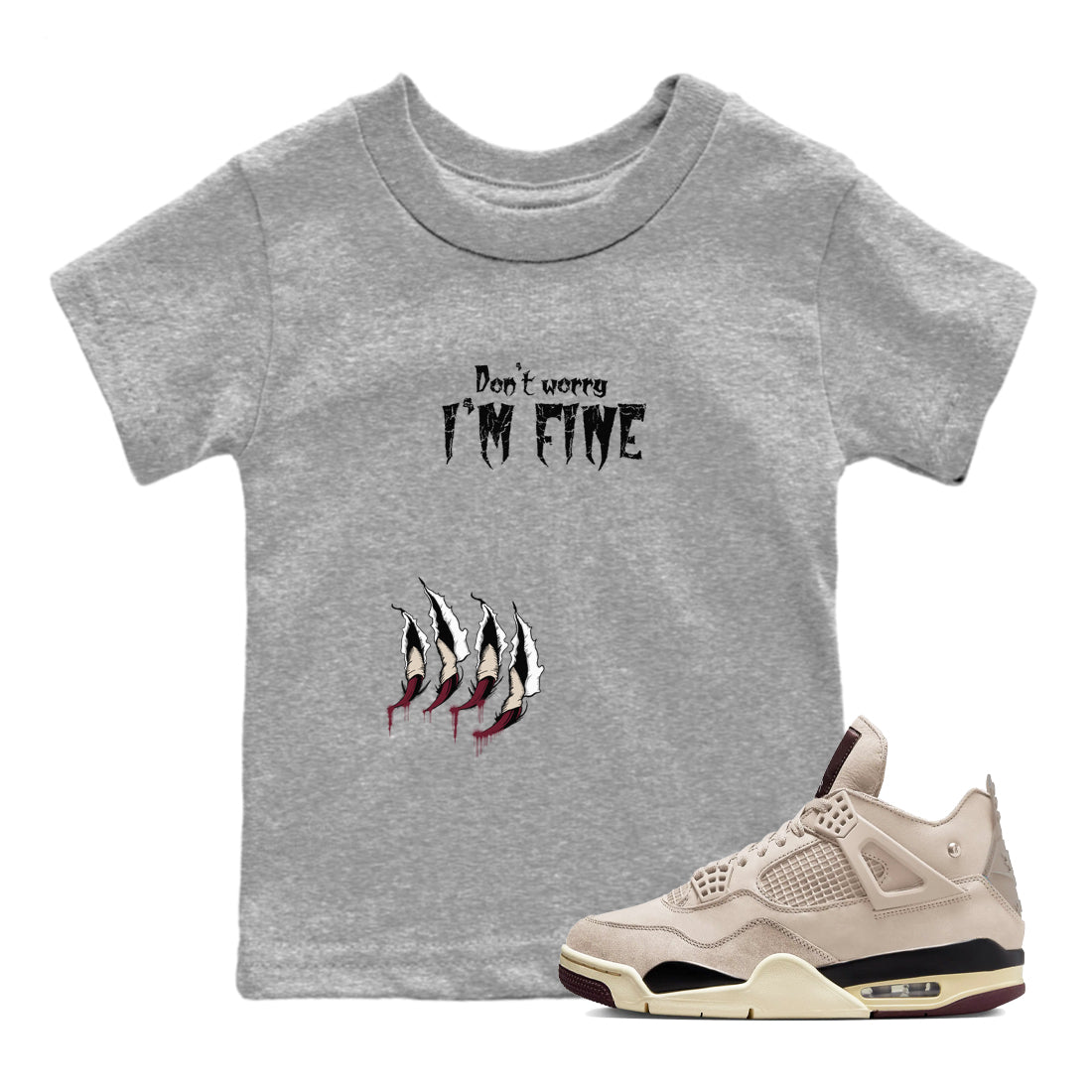 4s A Ma Maniere x Fossil Stone shirts to match jordans I'm Fine unique Halloween sneaker tee 4s A Ma Maniere x Fossil Stone match shoes to clothes SNRT Sneaker Tees Youth Baby Heather Grey 1 tee