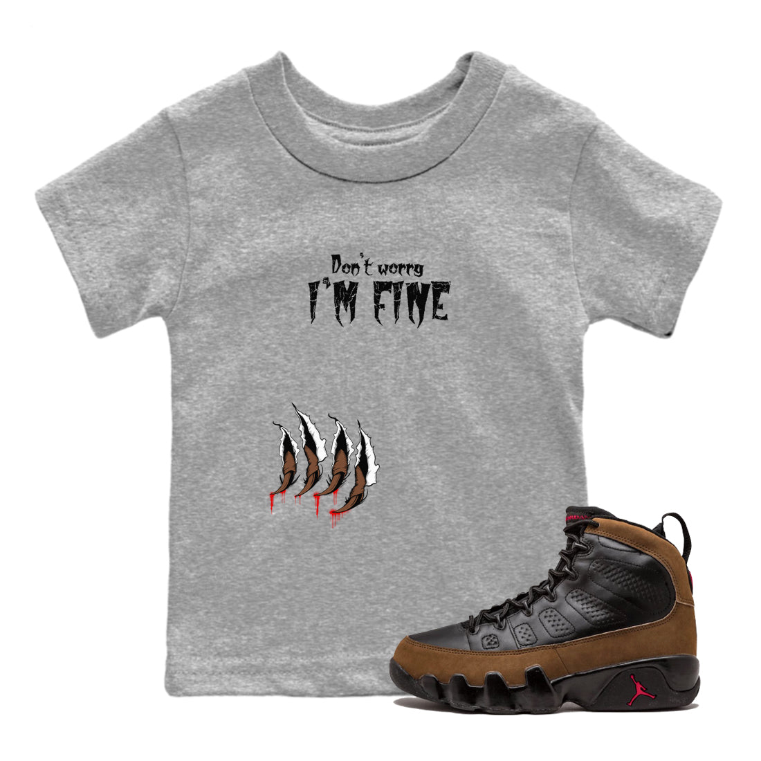 9s Olive shirts to match jordans I'm Fine sneaker match tees Air Jordan 9 Olive match shoes to clothes SNRT Sneaker Tees Youth Baby Heather Grey 1 tee