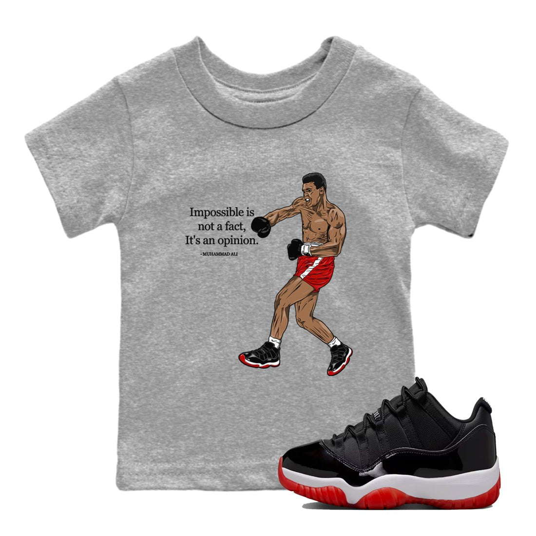Air Jordan 11 Low Bred sneaker match tee Impossible Is Not A Fact It's An Opinion sneaker match tees Air Jordan 11 Bred best t-shirts to match jordans SNRT Sneaker Tees Youth Baby Heather Grey 1 tee