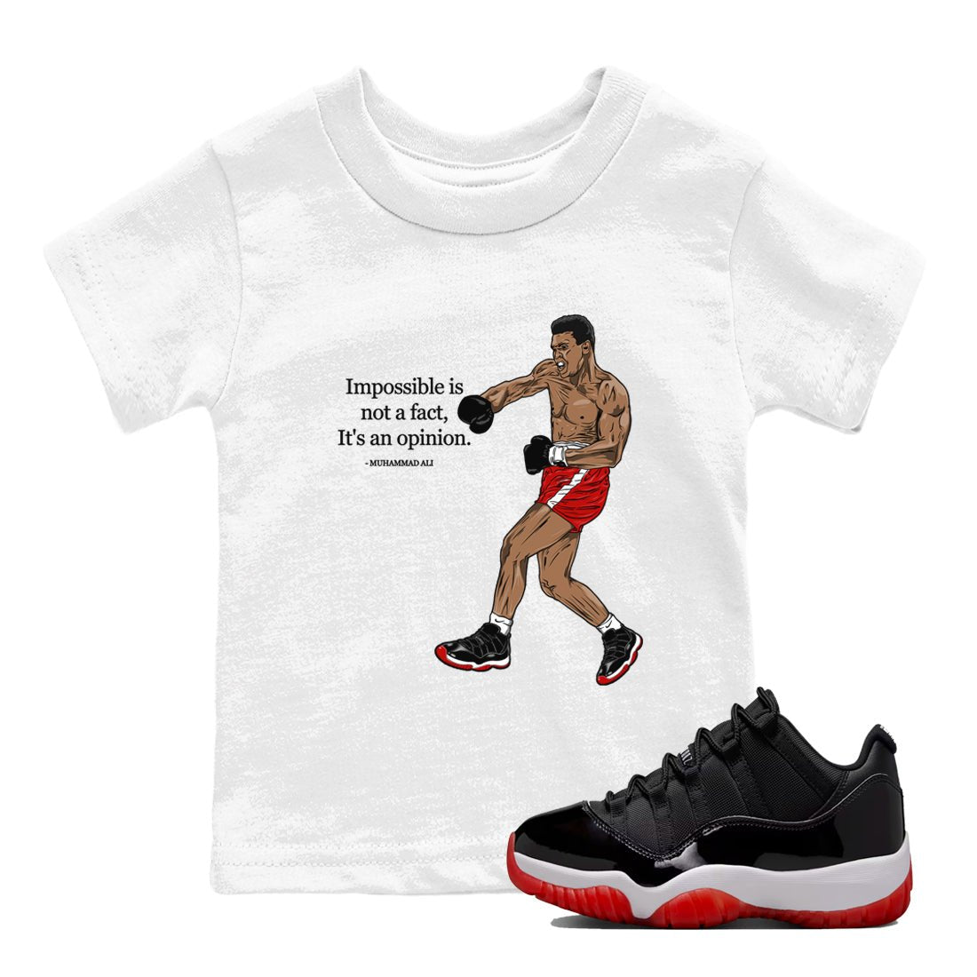 Air Jordan 11 Low Bred sneaker match tee Impossible Is Not A Fact It's An Opinion sneaker match tees Air Jordan 11 Bred best t-shirts to match jordans SNRT Sneaker Tees Youth Baby White 1 tee