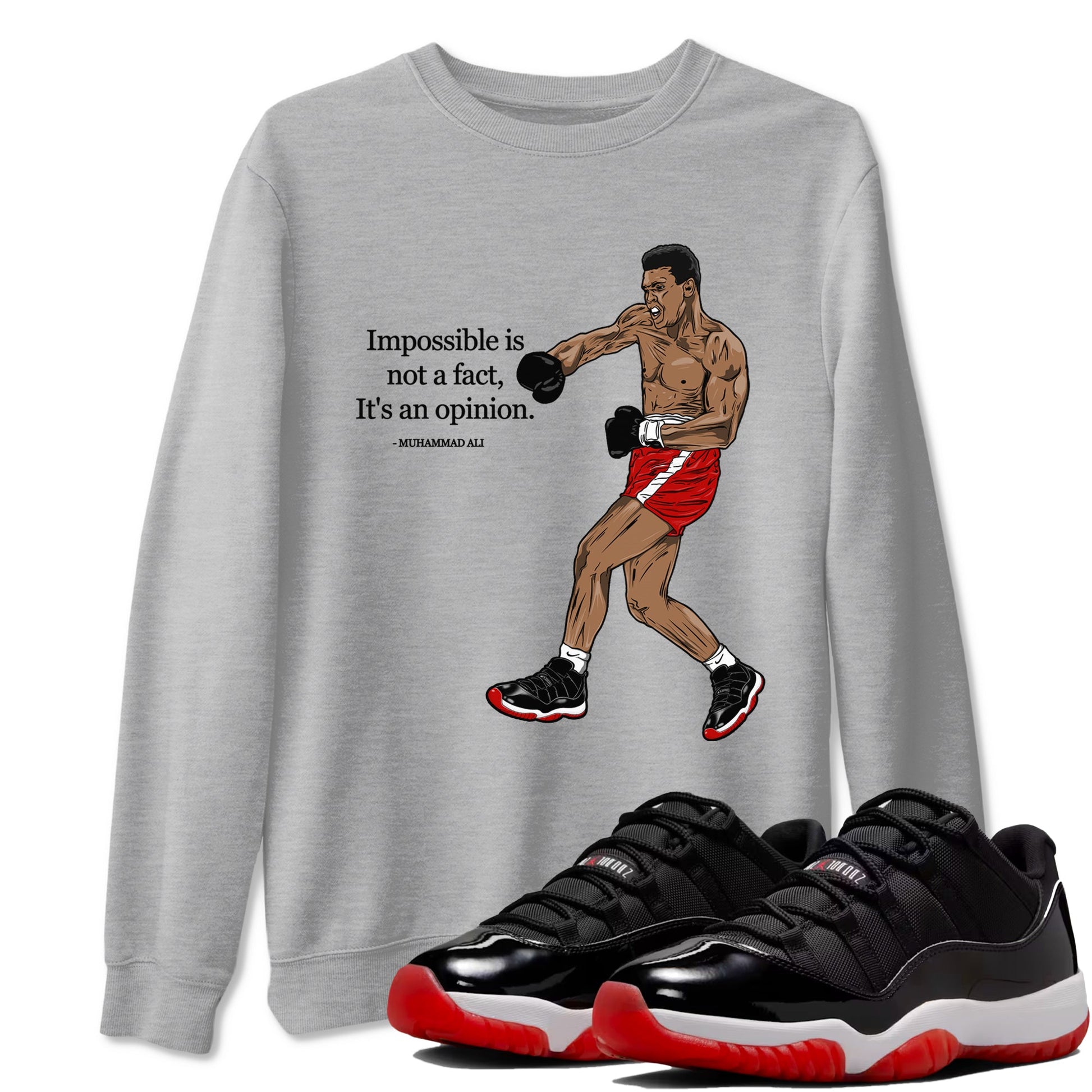 Air Jordan 11 Low Bred sneaker match tee Impossible Is Not A Fact It's An Opinion sneaker match tees Air Jordan 11 Bred best t-shirts to match jordans SNRT Sneaker Tees unisex cotton Heather Grey 1 shirts