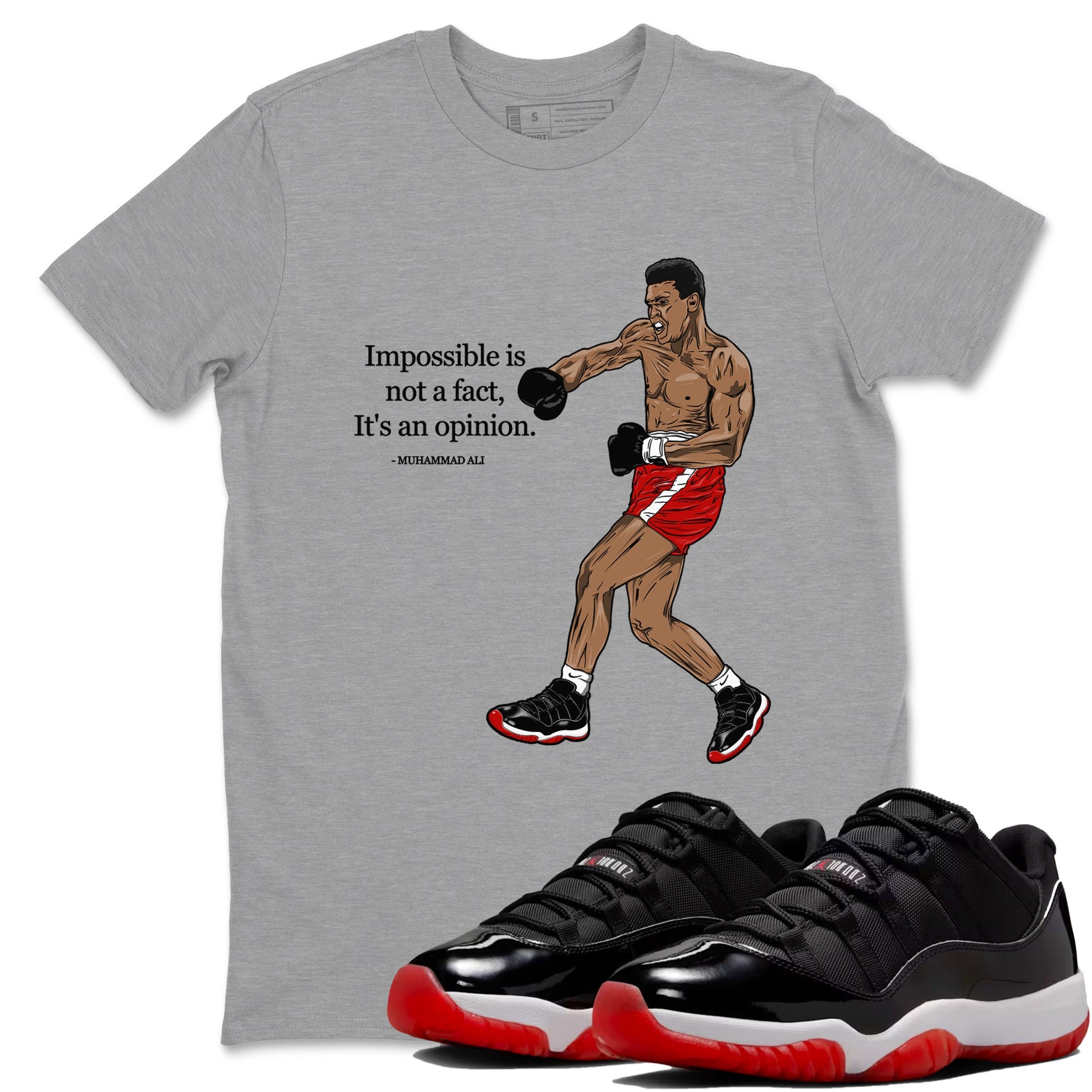 Air Jordan 11 Low Bred sneaker match tee Impossible Is Not A Fact It's An Opinion sneaker match tees Air Jordan 11 Bred best t-shirts to match jordans SNRT Sneaker Tees unisex cotton Heather Grey 1 shirts