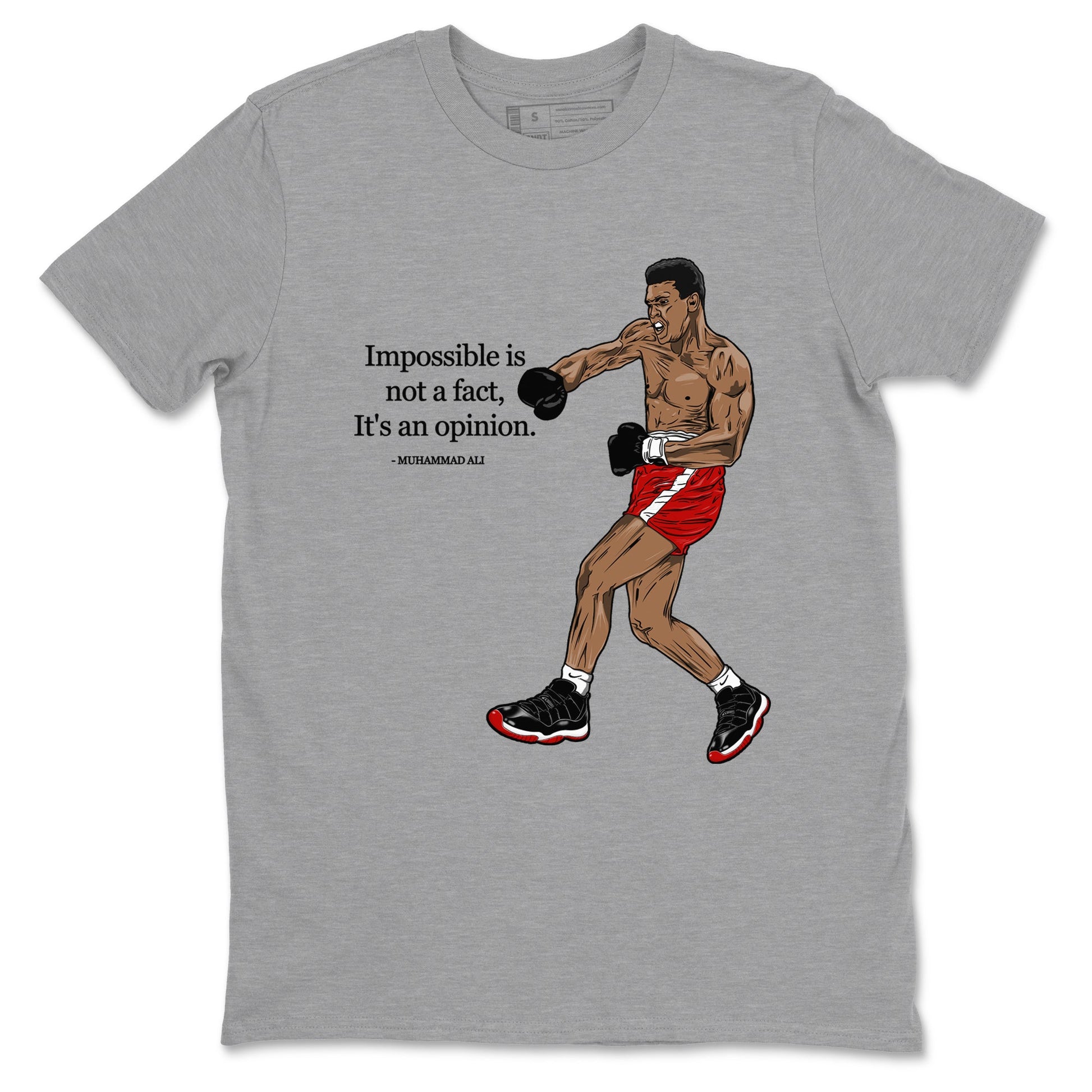 Air Jordan 11 Low Bred sneaker match tee Impossible Is Not A Fact It's An Opinion sneaker match tees Air Jordan 11 Bred best t-shirts to match jordans SNRT Sneaker Tees unisex cotton Heather Grey 2 shirts