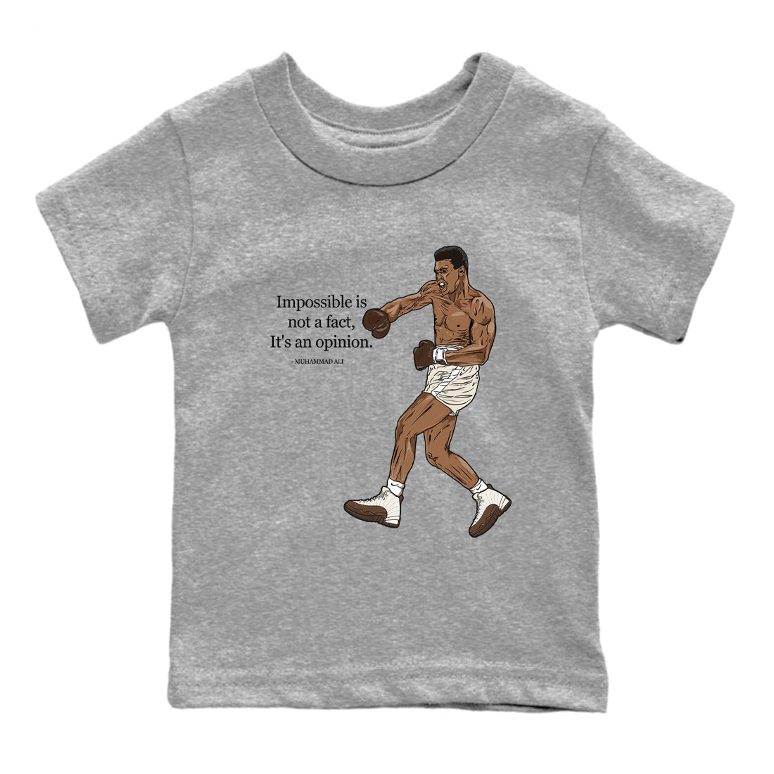 AJ12 Baroque Brown shirts to match jordans Impossible Is Not A Fact It's An Opinion best t shirts to wear with jordans SoleFly x Jordan 12 Baroque Brown match shoes to clothes SNRT Sneaker Tees Youth Baby Heather Grey 2 tee