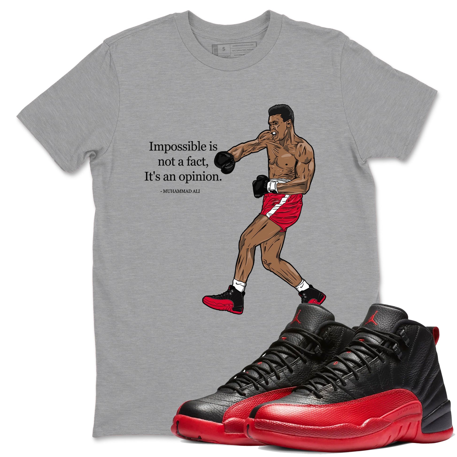 12s Flu Game shirts to match jordans Impossible Is Not A Fact It's An Opinion best t shirts to wear with jordans Air Jordan 12 Retro Flu Black and Varsity Red match shoes to clothes SNRT Sneaker Tees unisex cotton Heather Grey 1 shirts