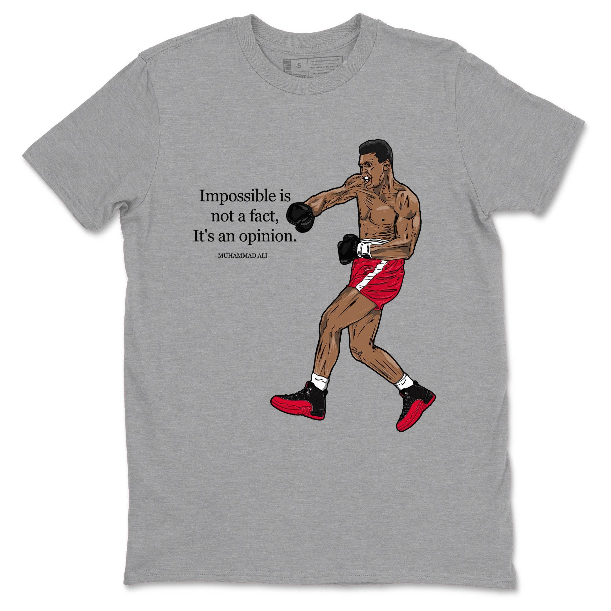 12s Flu Game shirts to match jordans Impossible Is Not A Fact It's An Opinion best t shirts to wear with jordans Air Jordan 12 Retro Flu Black and Varsity Red match shoes to clothes SNRT Sneaker Tees unisex cotton Heather Grey 2 shirts