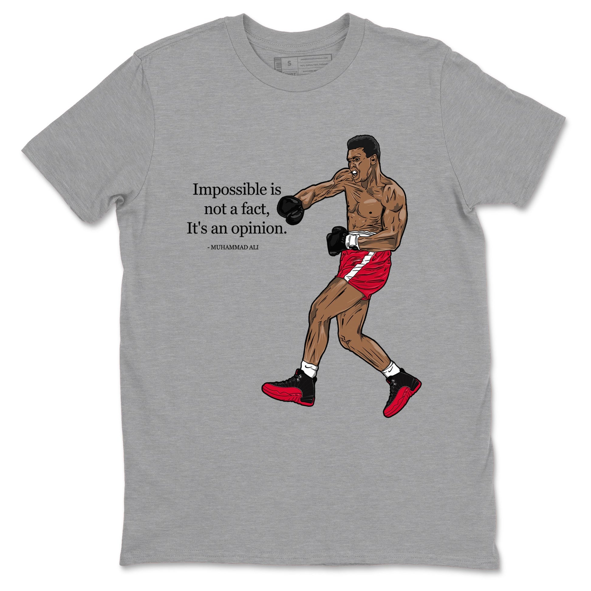 12s Flu Game shirts to match jordans Impossible Is Not A Fact It's An Opinion best t shirts to wear with jordans Air Jordan 12 Retro Flu Black and Varsity Red match shoes to clothes SNRT Sneaker Tees unisex cotton Heather Grey 2 shirts