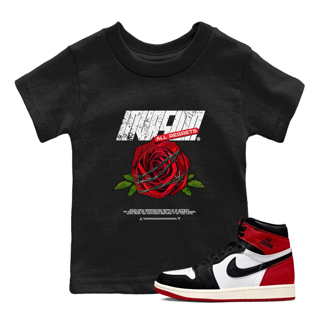 Air Jordan 1 High OG Black Toe Reimagined shirts to match jordans Invasions sneaker match tees 1s Black Toe Reimagined Sneaker Shirts SNRT Sneaker Tees streetwear brand Baby and Youth Black 1 cotton tee
