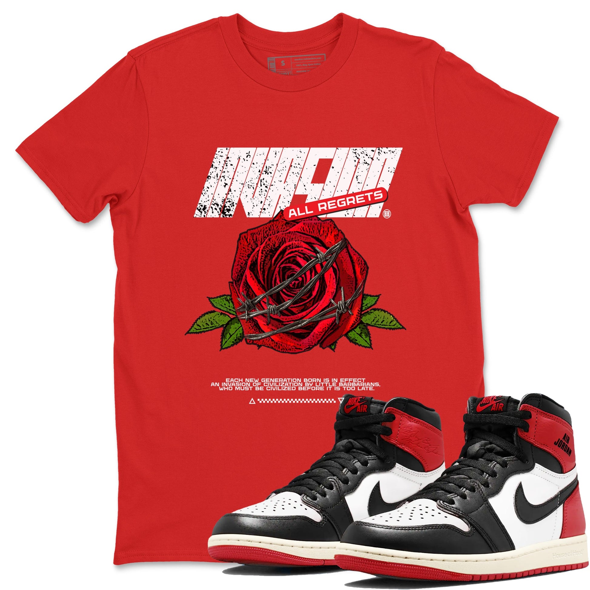 Air Jordan 1 High OG Black Toe Reimagined shirts to match jordans Invasions sneaker match tees 1s Black Toe Reimagined Sneaker Shirts SNRT Sneaker Tees streetwear brand Red 1 unisex cotton tee