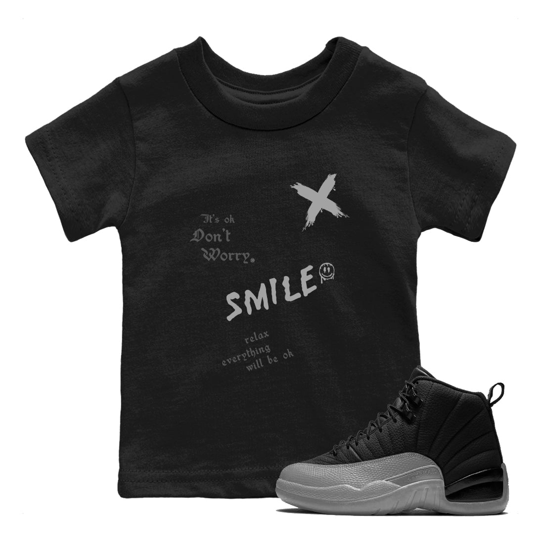 12s Black Wolf Grey shirts to match jordans It's Ok Don't Worry sneaker match tees Air Jordan 12 Black Wolf Grey SNRT Sneaker Release Tees Youth Baby Black 1 crew neck shirts
