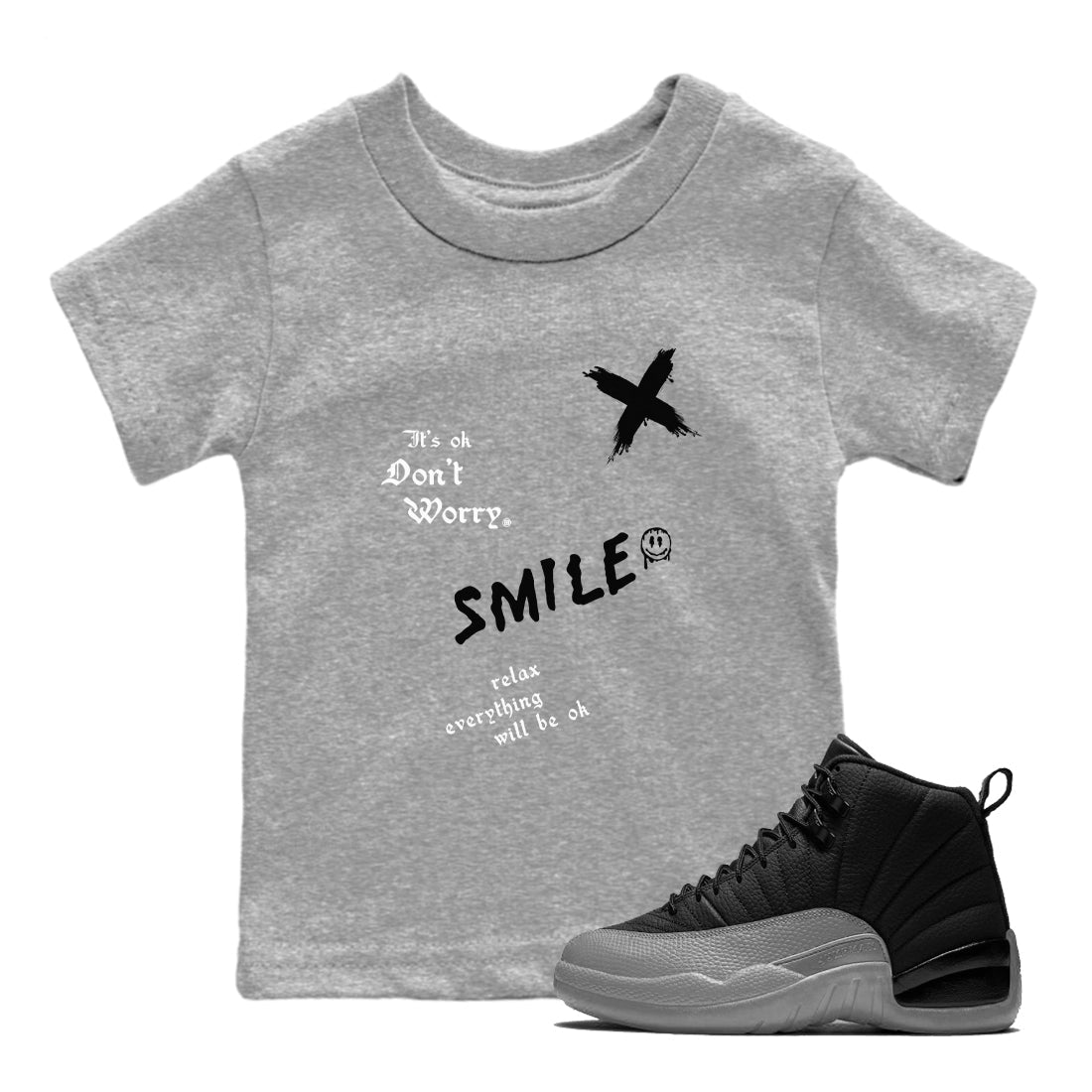 12s Black Wolf Grey shirts to match jordans It's Ok Don't Worry sneaker match tees Air Jordan 12 Black Wolf Grey SNRT Sneaker Release Tees Youth Baby Heather Grey 1 crew neck shirts