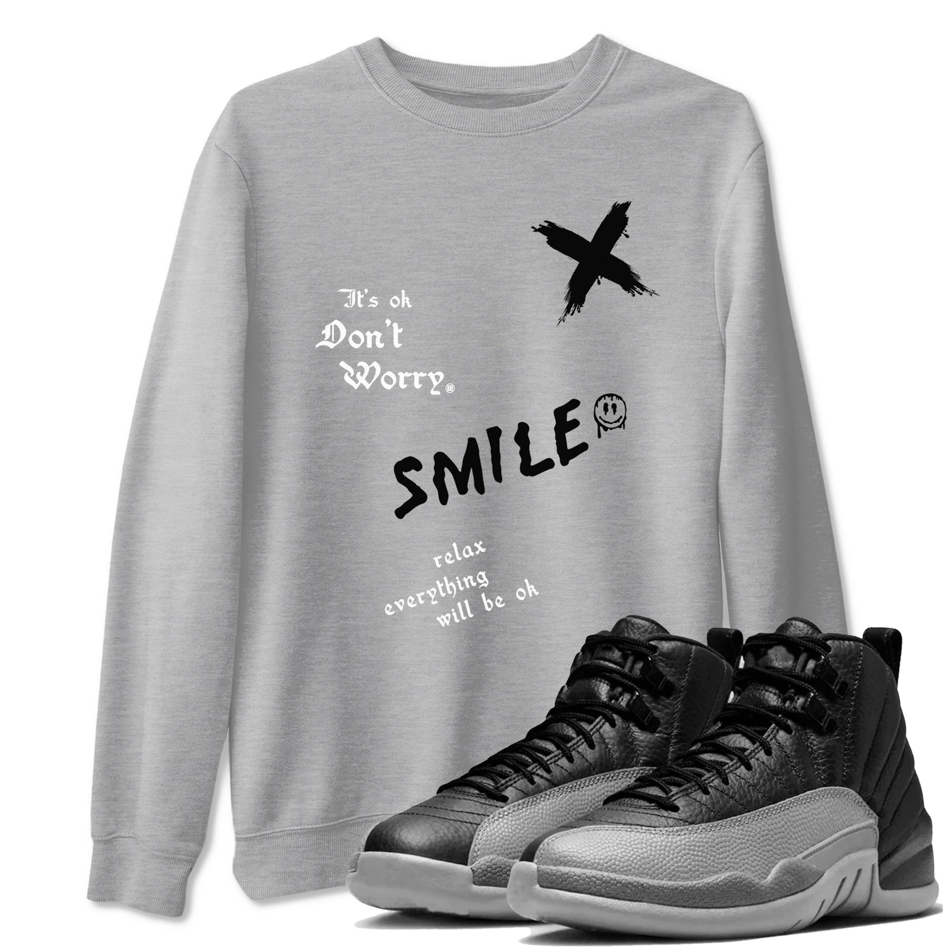 12s Black Wolf Grey shirts to match jordans It's Ok Don't Worry sneaker match tees Air Jordan 12 Black Wolf Grey SNRT Sneaker Release Tees unisex cotton Heather Grey 1 crew neck shirts