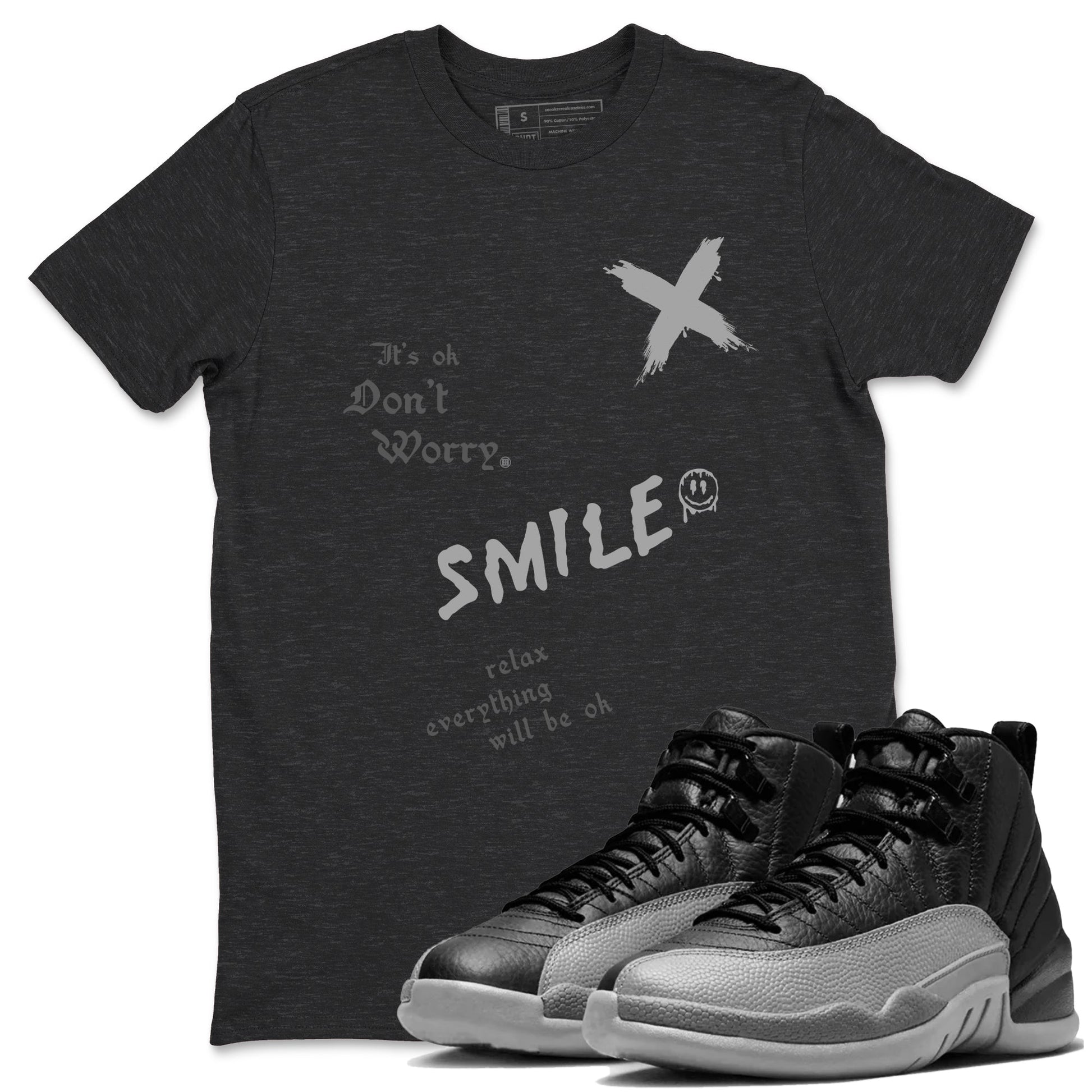 12s Black Wolf Grey shirts to match jordans It's Ok Don't Worry sneaker match tees Air Jordan 12 Black Wolf Grey SNRT Sneaker Release Tees unisex cotton Charcoal Heather 1 crew neck shirts