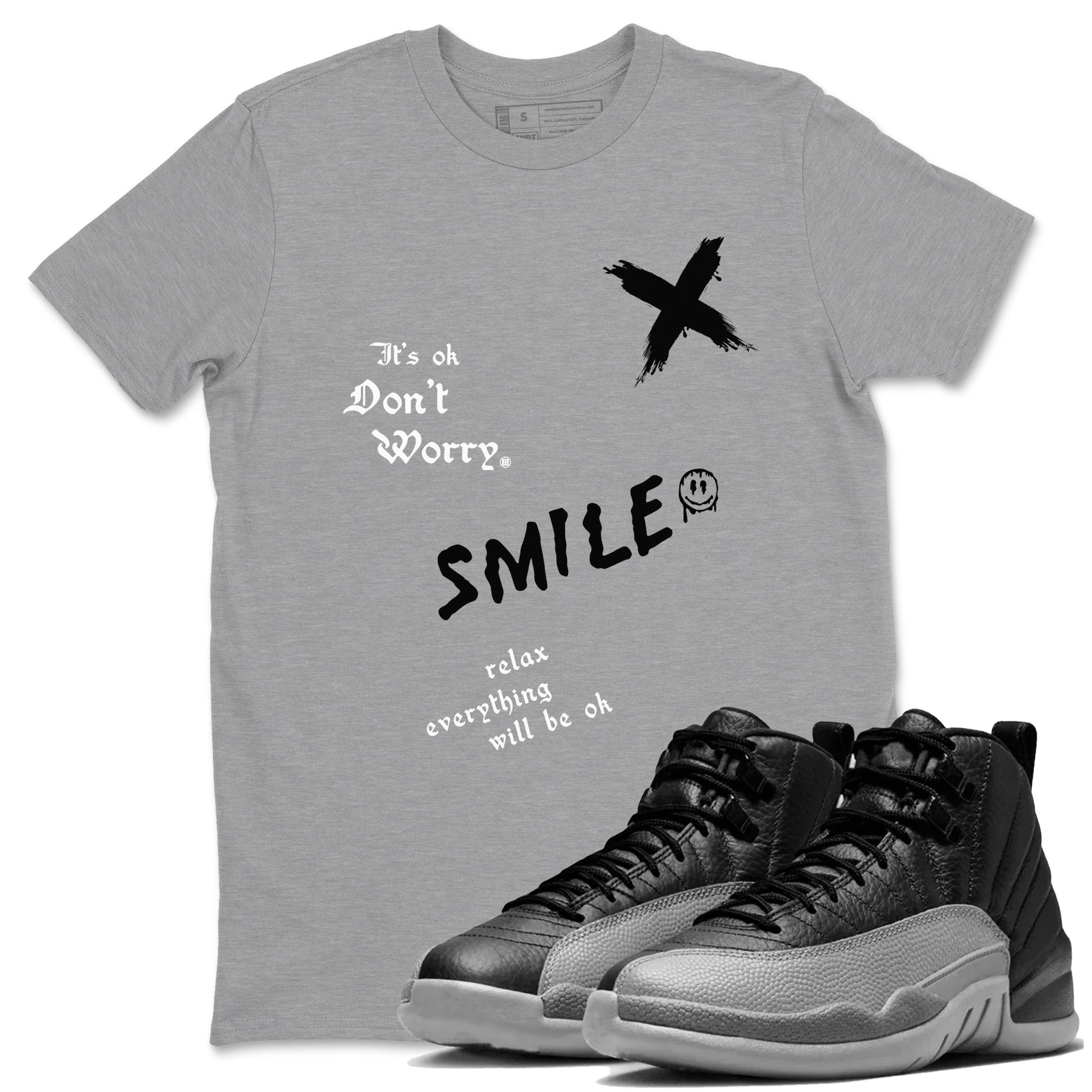 12s Black Wolf Grey shirts to match jordans It's Ok Don't Worry sneaker match tees Air Jordan 12 Black Wolf Grey SNRT Sneaker Release Tees unisex cotton Heather Grey 1 crew neck shirts