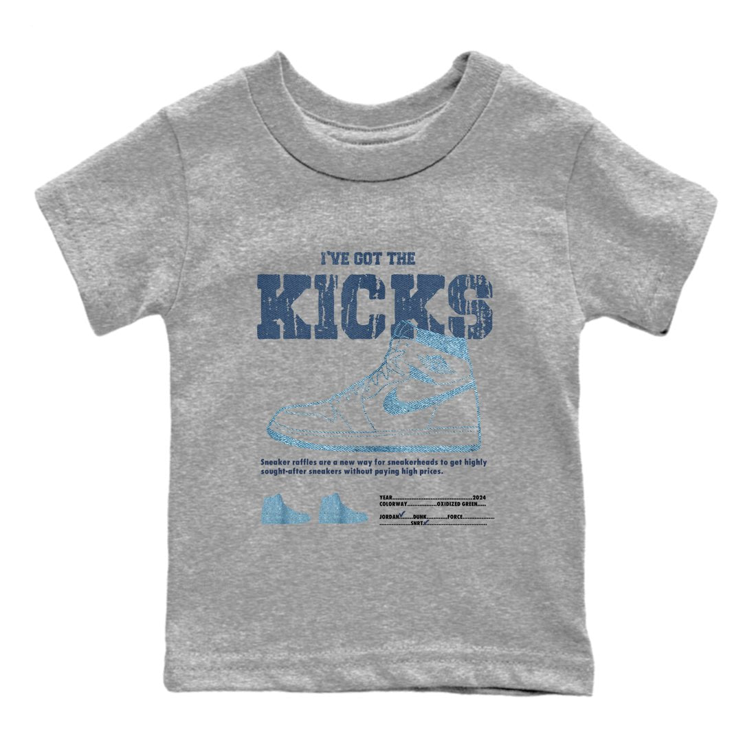 AJ1 Denim shirts to match jordans I've Got The Kicks sneaker match tees Air Jordan 1 Denim SNRT Sneaker Tees streetwear brand Baby and Youth Heather Grey 2 cotton tee