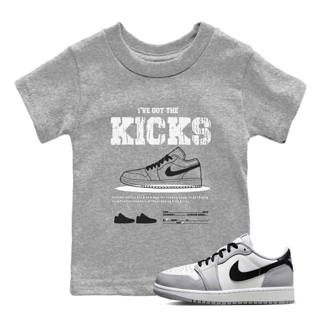 AJ1 Wolf Grey shirts to match jordans I've Got the Kicks sneaker match tees Air Jordan 1 Wolf Grey SNRT Sneaker Tees streetwear brand Baby and Youth Heather Grey 1 cotton tee