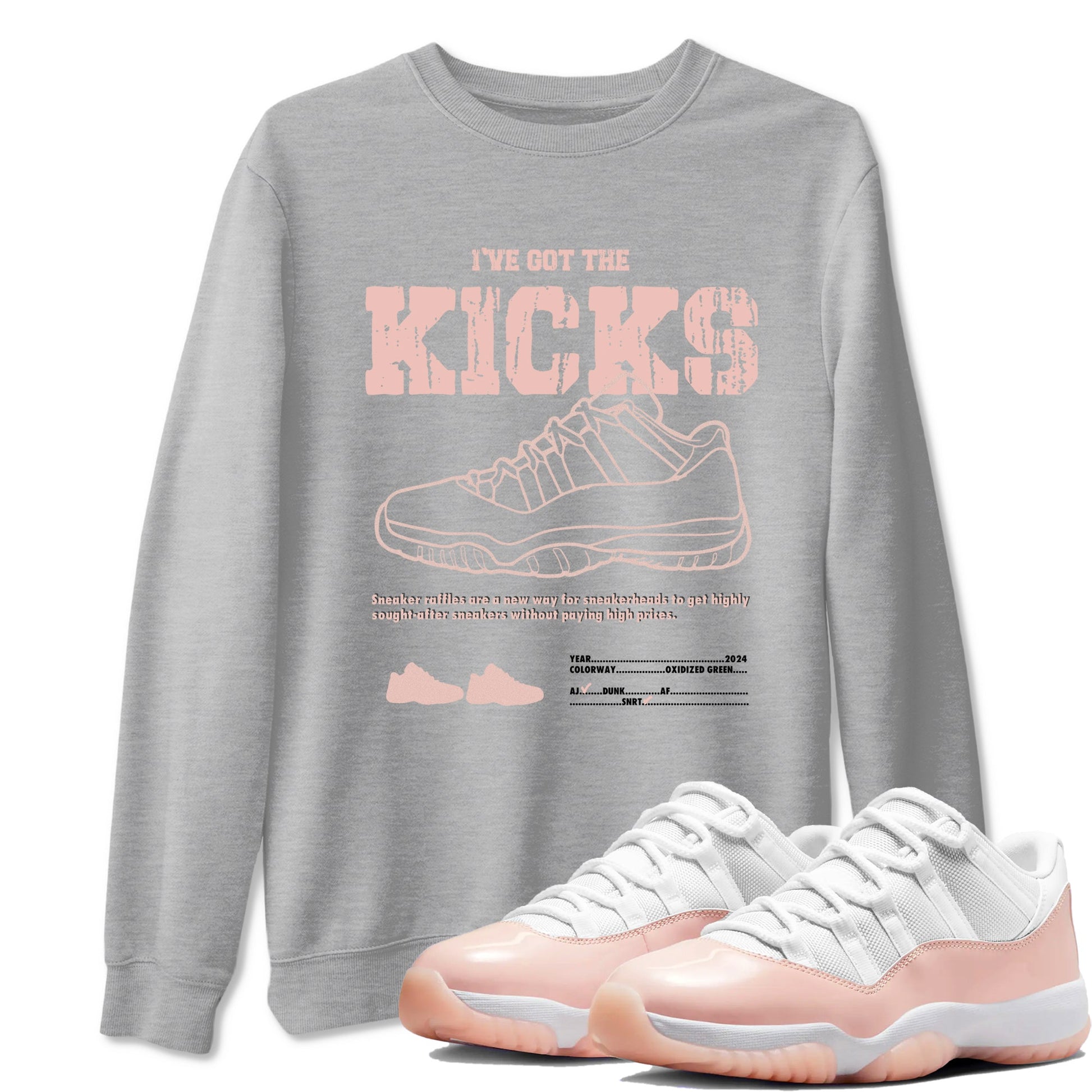 11s Legend Pink shirts to match jordans I've Got The Kicks sneaker match tees Air Jordan 11 Legend Pink SNRT Sneaker Tees streetwear brand Heather Grey 1 unisex cotton tee
