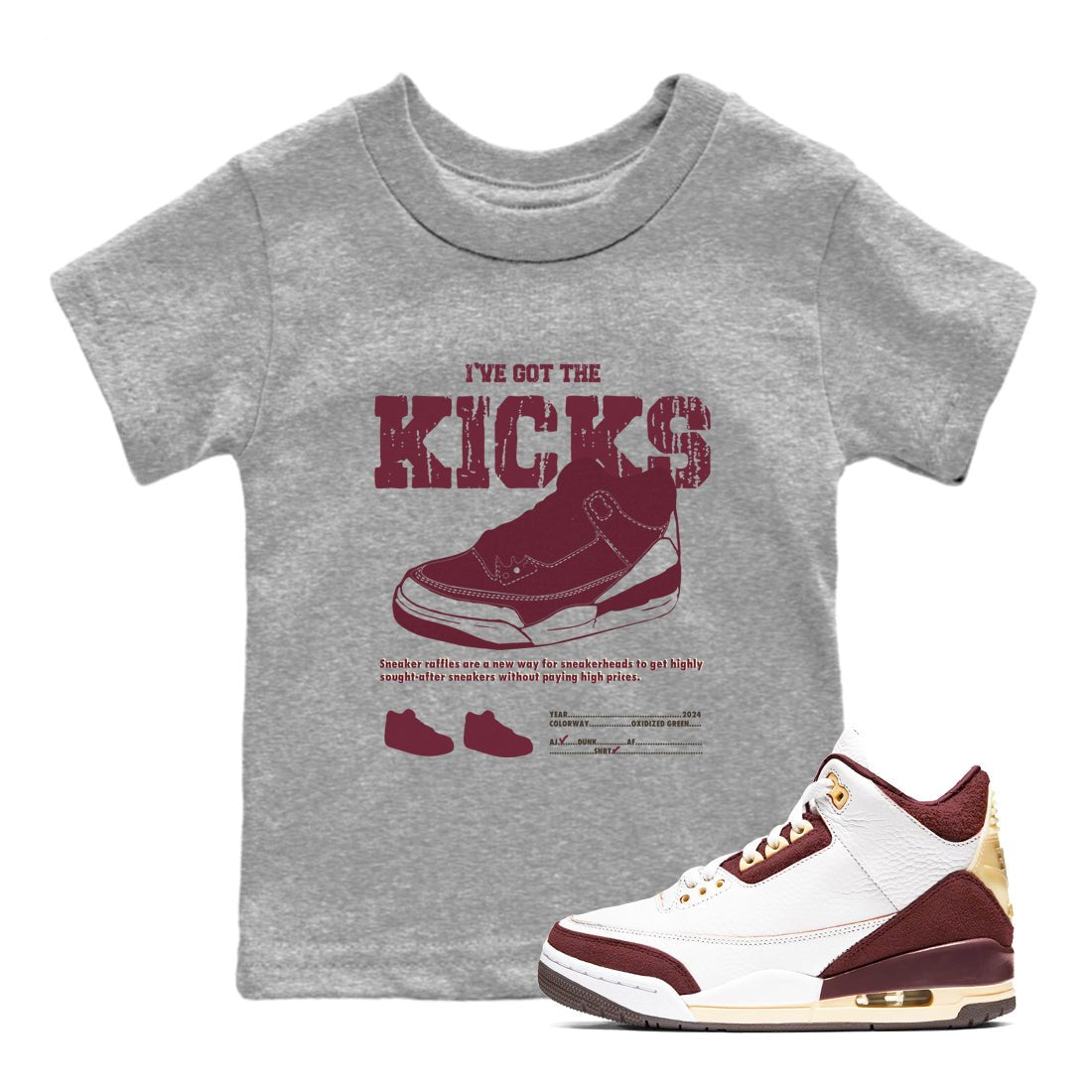 AJ3 A Ma Maniere x Burgundy Crush shirts to match jordans I've Got The Kicks sneaker match tees A Ma Maniére x Air Jordan 3 "Burgundy Crush" SNRT Sneaker Tees streetwear brand Baby and Youth Heather Grey 1 cotton tee