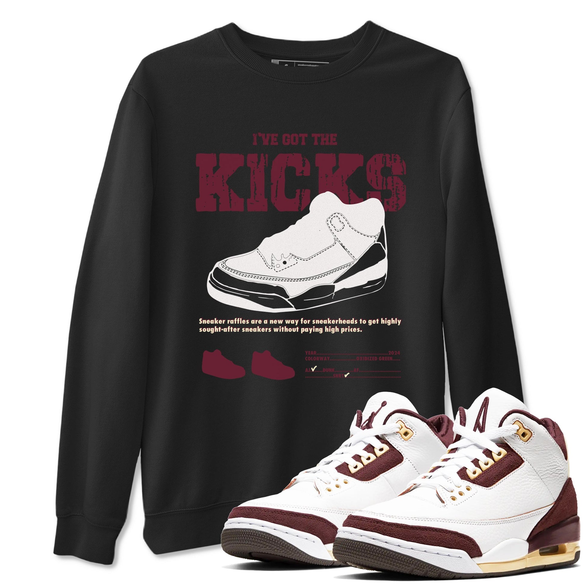 AJ3 A Ma Maniere x Burgundy Crush shirts to match jordans I've Got The Kicks sneaker match tees A Ma Maniére x Air Jordan 3 "Burgundy Crush" SNRT Sneaker Tees streetwear brand Black 1 unisex cotton tee