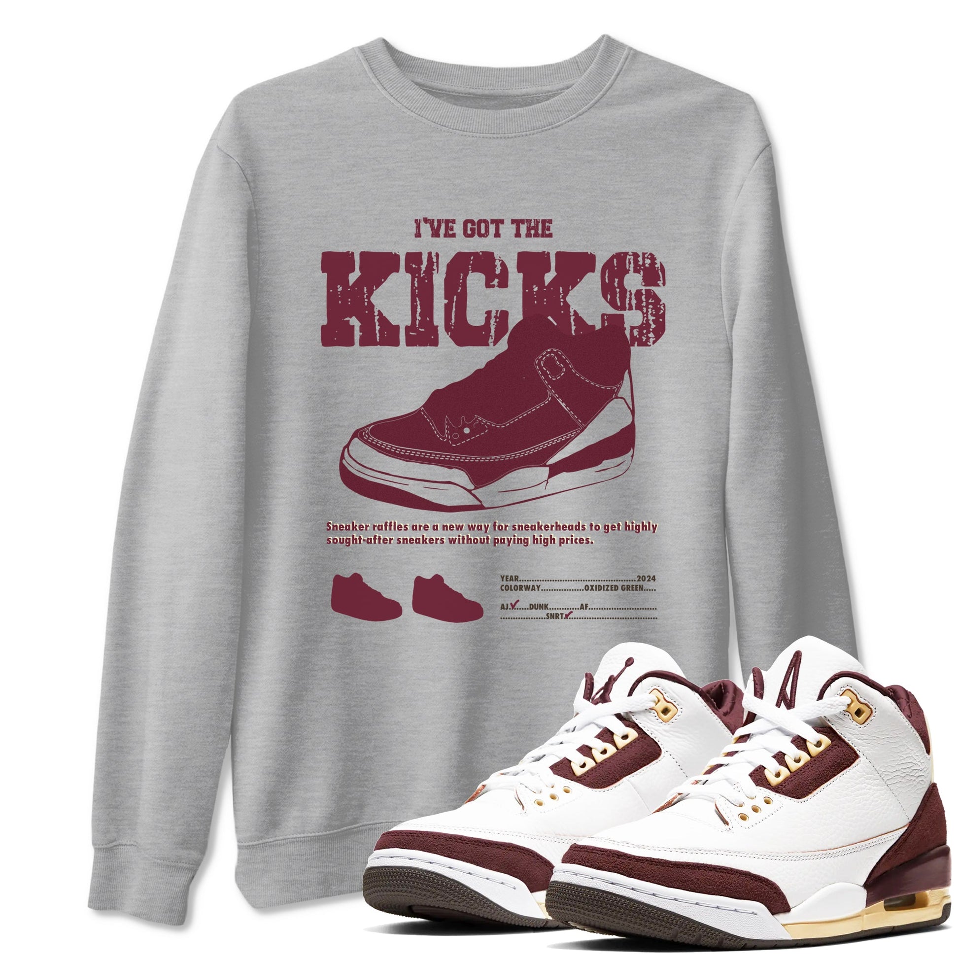 AJ3 A Ma Maniere x Burgundy Crush shirts to match jordans I've Got The Kicks sneaker match tees A Ma Maniére x Air Jordan 3 "Burgundy Crush" SNRT Sneaker Tees streetwear brand Heather Grey 1 unisex cotton tee