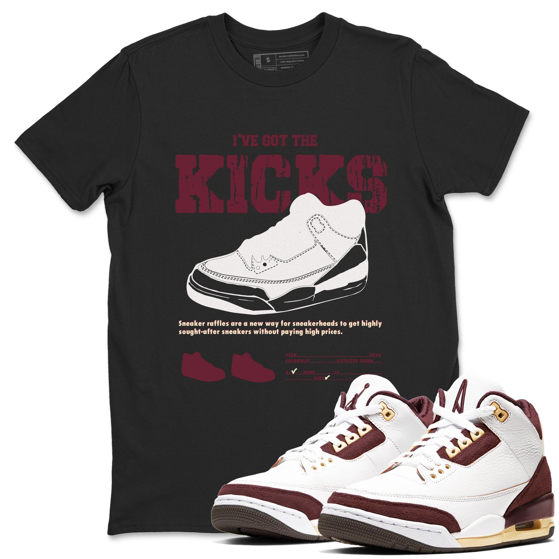 AJ3 A Ma Maniere x Burgundy Crush shirts to match jordans I've Got The Kicks sneaker match tees A Ma Maniére x Air Jordan 3 "Burgundy Crush" SNRT Sneaker Tees streetwear brand Black 1 unisex cotton tee