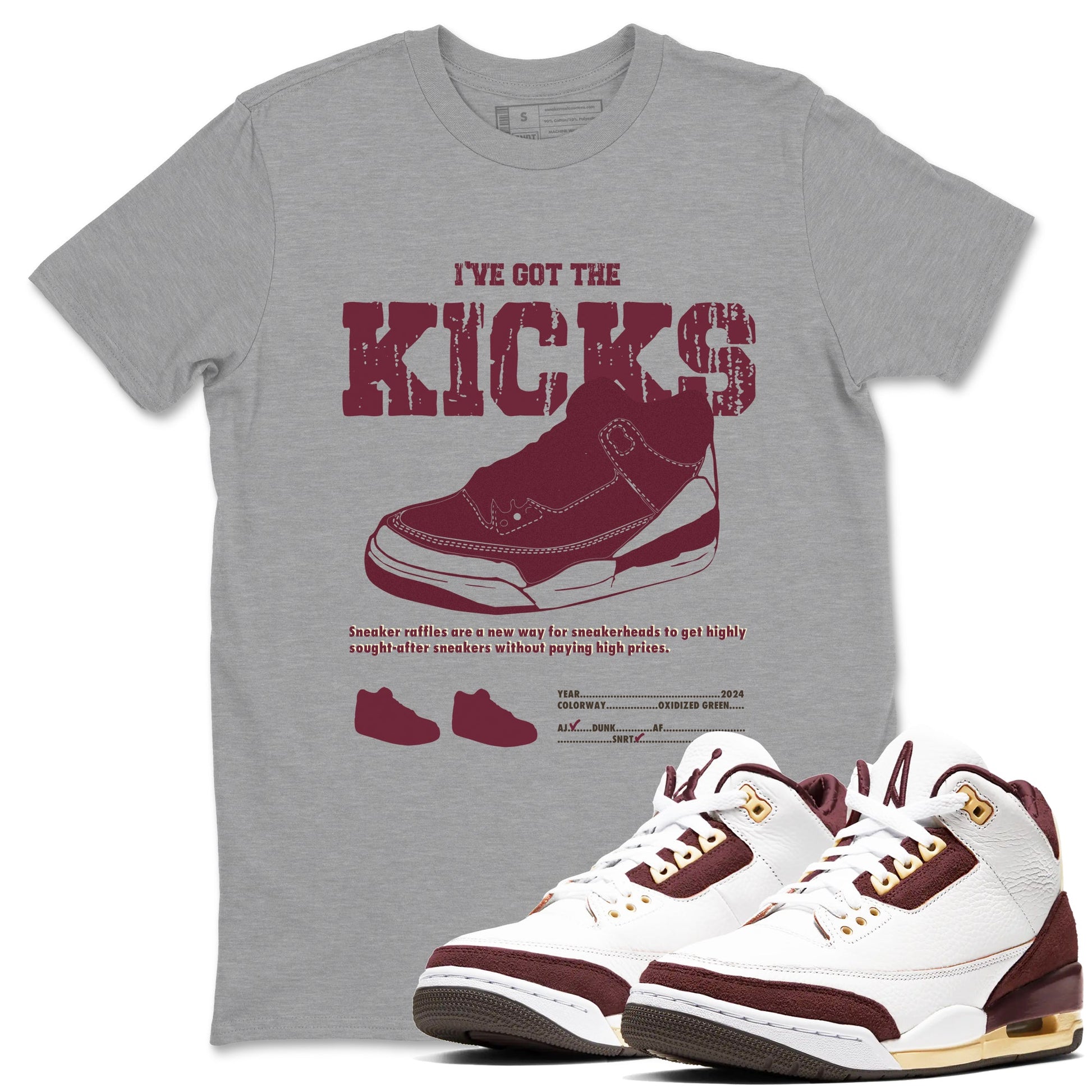 AJ3 A Ma Maniere x Burgundy Crush shirts to match jordans I've Got The Kicks sneaker match tees A Ma Maniére x Air Jordan 3 "Burgundy Crush" SNRT Sneaker Tees streetwear brand Heather Grey 1 unisex cotton tee