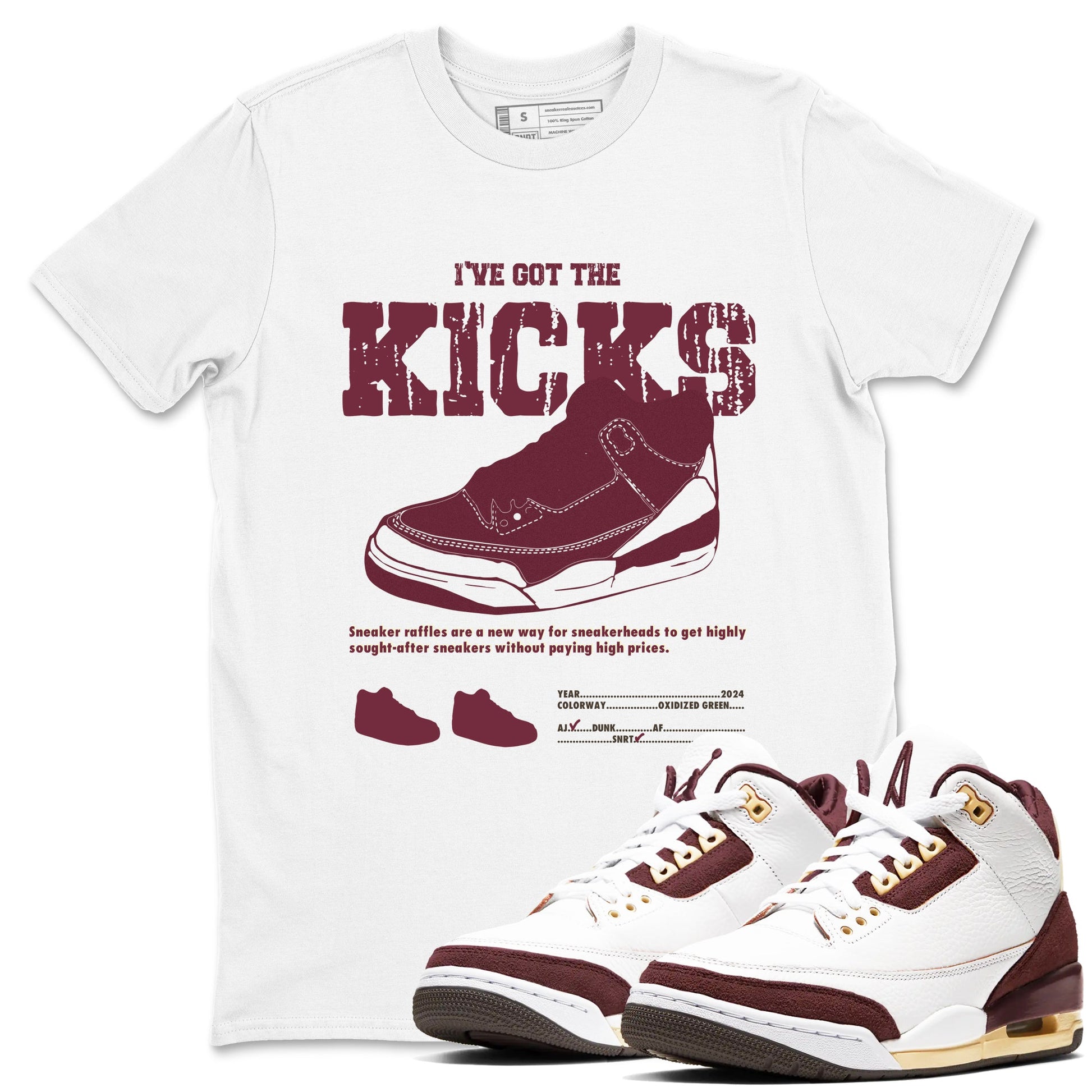 AJ3 A Ma Maniere x Burgundy Crush shirts to match jordans I've Got The Kicks sneaker match tees A Ma Maniére x Air Jordan 3 "Burgundy Crush" SNRT Sneaker Tees streetwear brand White 1 unisex cotton tee