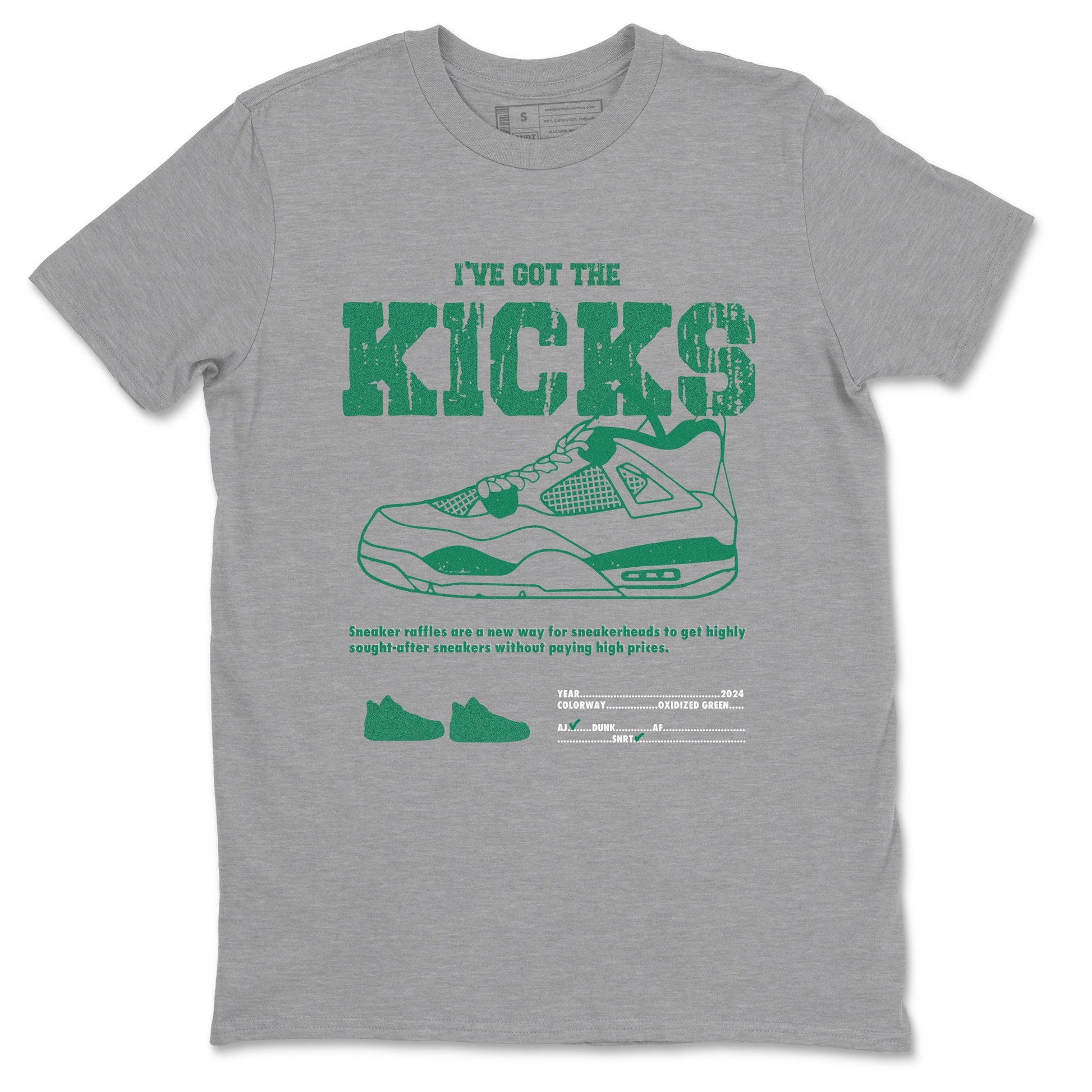 4s Oxidized Green shirts to match jordans I've Got The Kicks sneaker match tees Air Jordan 4 Oxidized Green SNRT Sneaker Tees streetwear brand Heather Grey 2 unisex cotton tee