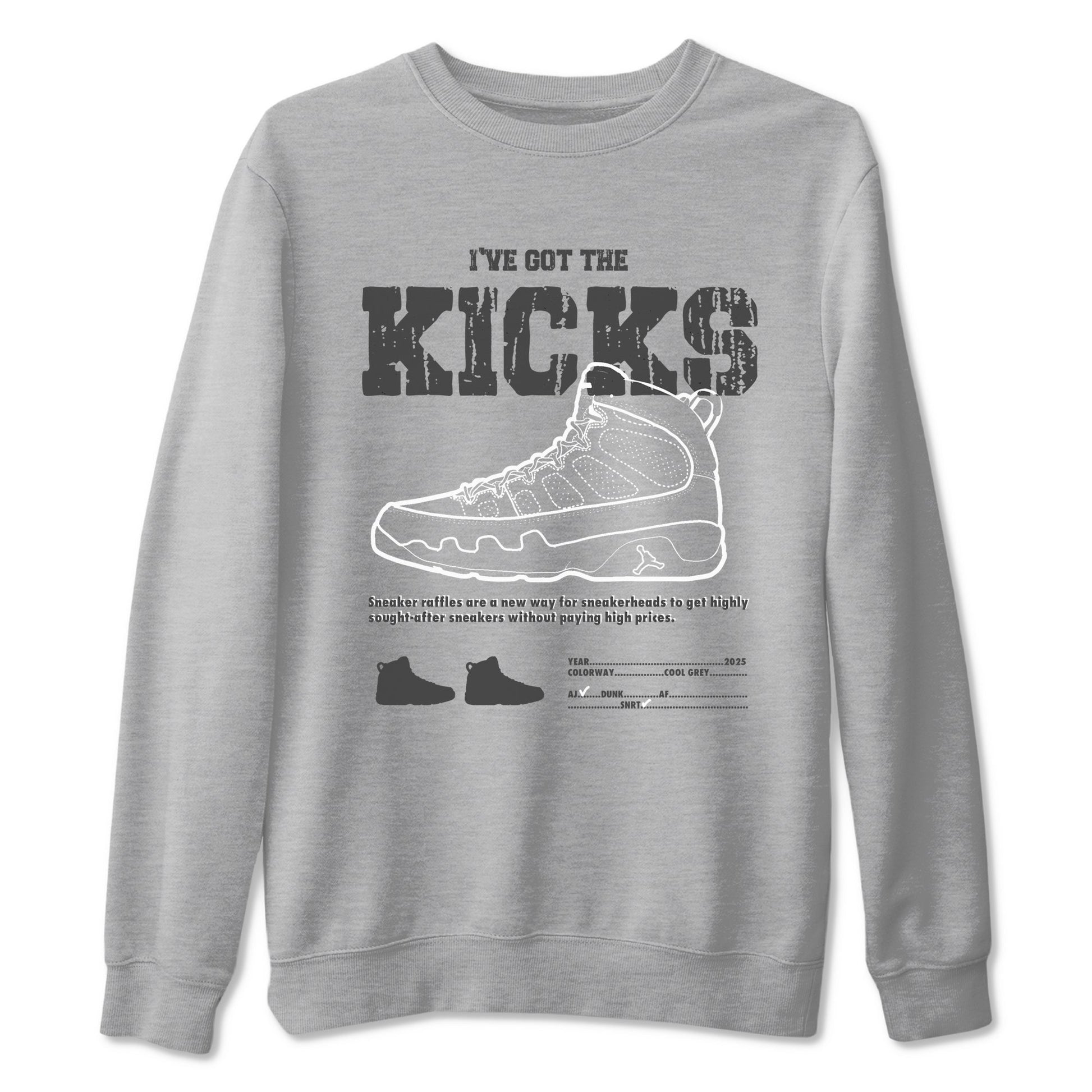 9s Cool Grey shirts to match jordans I've The Got The Kicks sneaker match tees Air Jordan 9 Retro Cool Grey match shoes to clothes SNRT Sneaker Tees unisex cotton Heather Grey 2 shirts