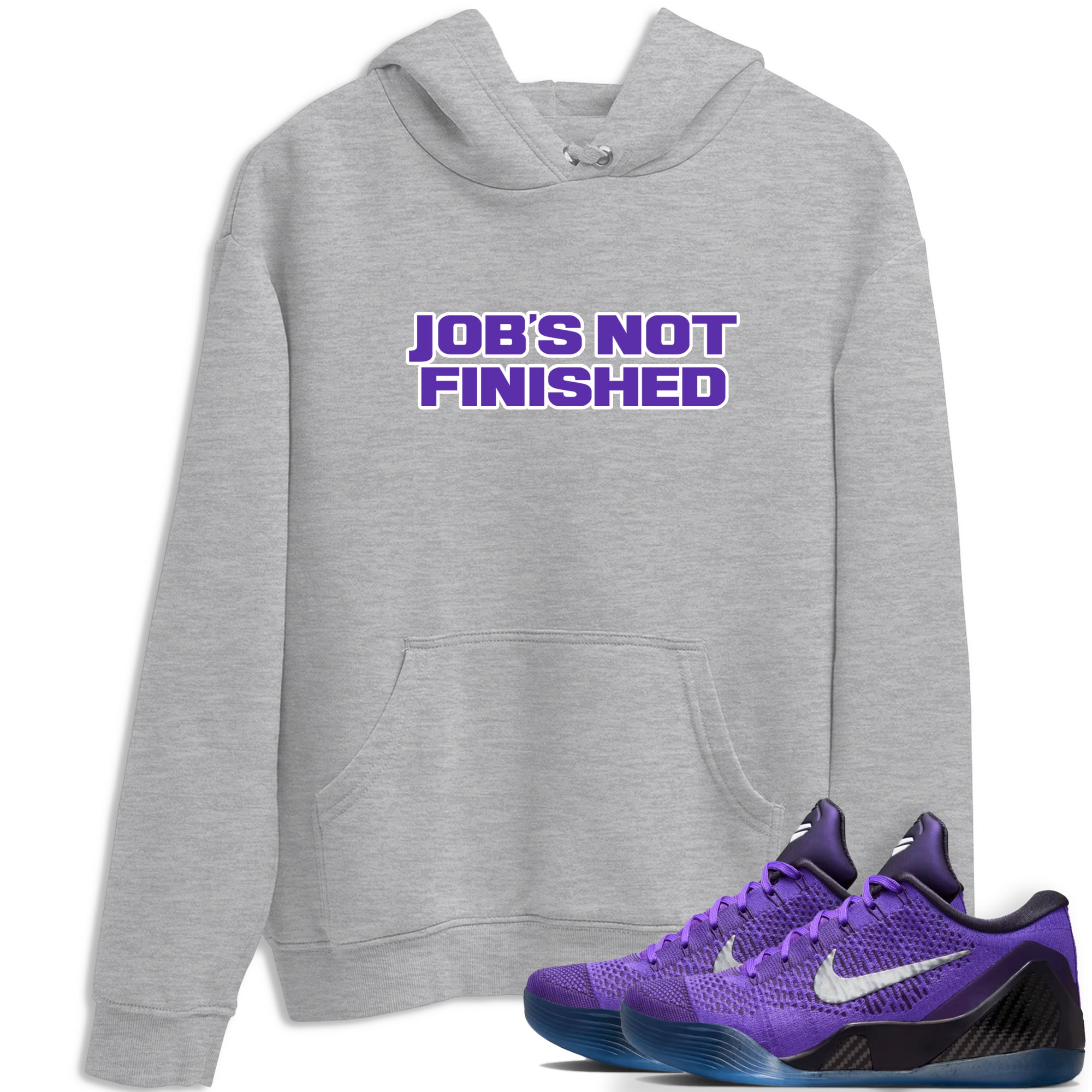 Sneaker Threads – Sneaker Tees To Match Nike KB 9 Hyper Grape – Job's Not Finished Graphic Tee Heather Grey 1. Perfect for Jordan releases 2025 colorways. Perfect for purple basketball sneaker releases and legacy-inspired colorways for 2025 hoopers.